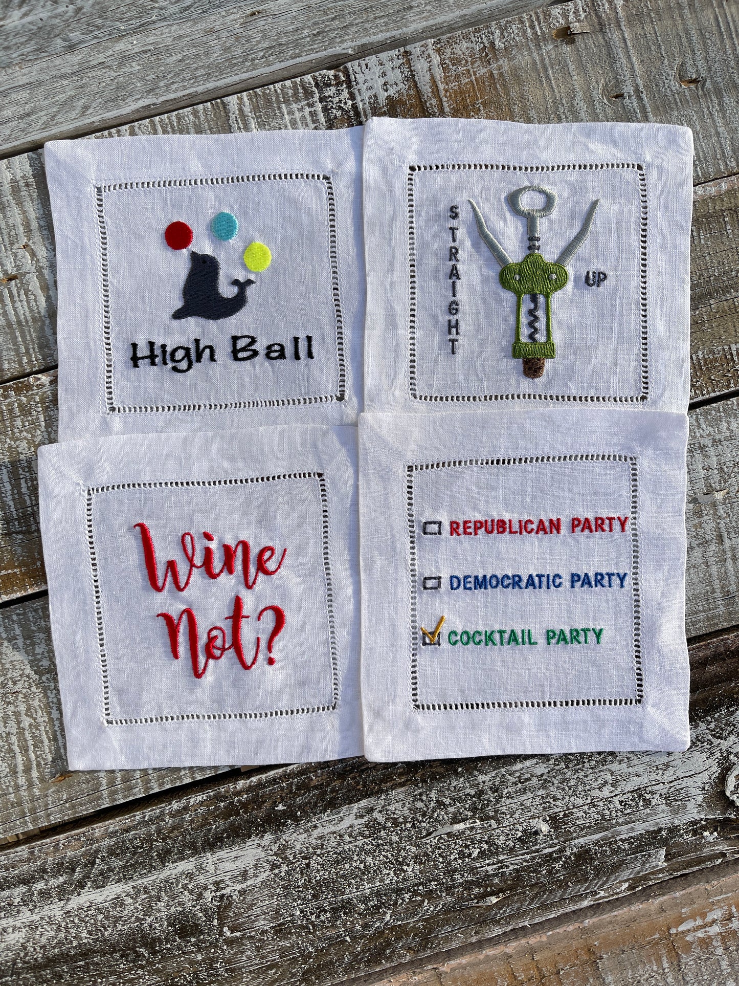 Custom Embroidered, Personalized Whimsical Linen Cocktail Napkins Set of 4