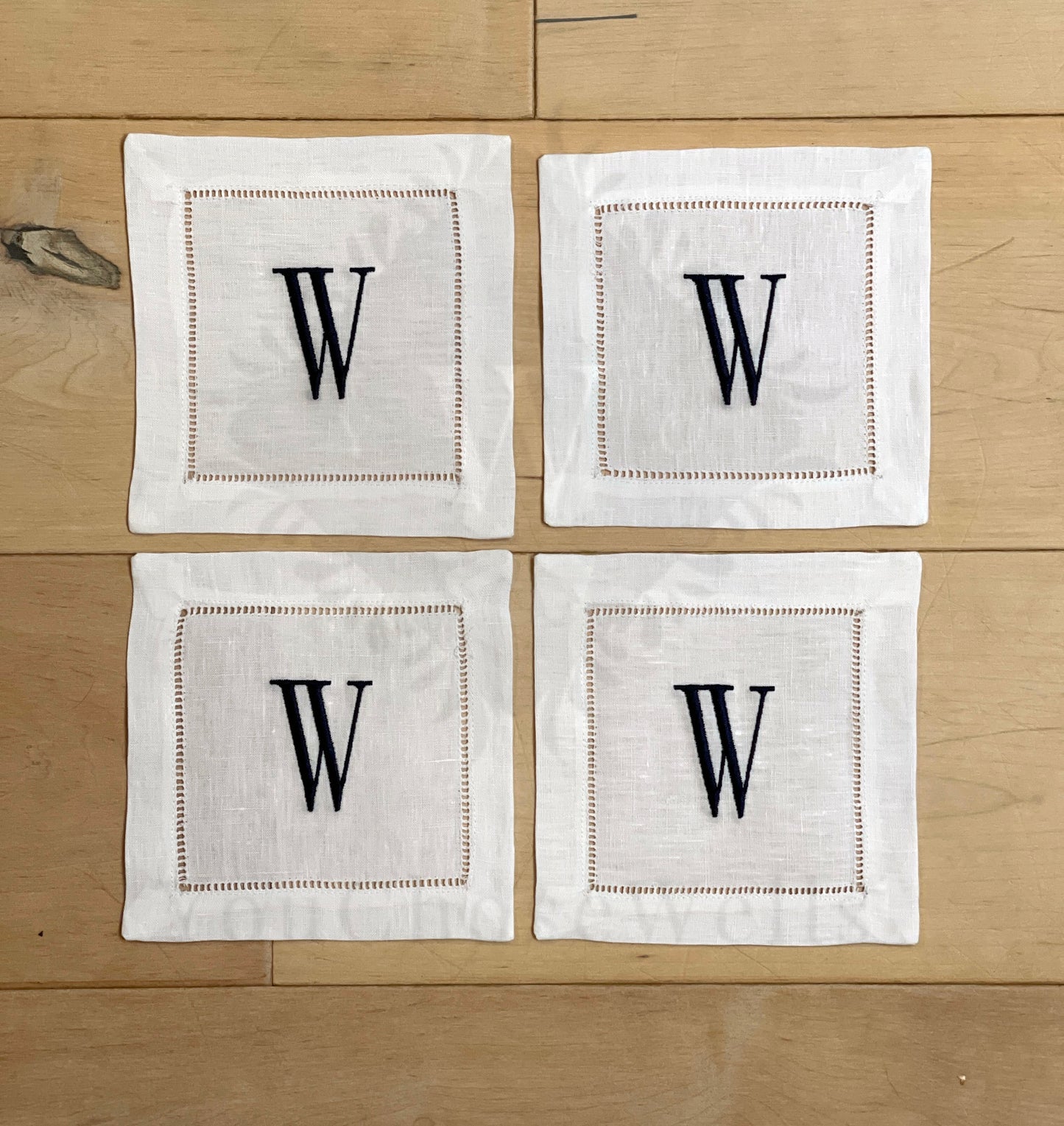 Custom Embroidered, Personalized, Monogrammed Linen Hemstitch Cocktail Napkins Set of 4