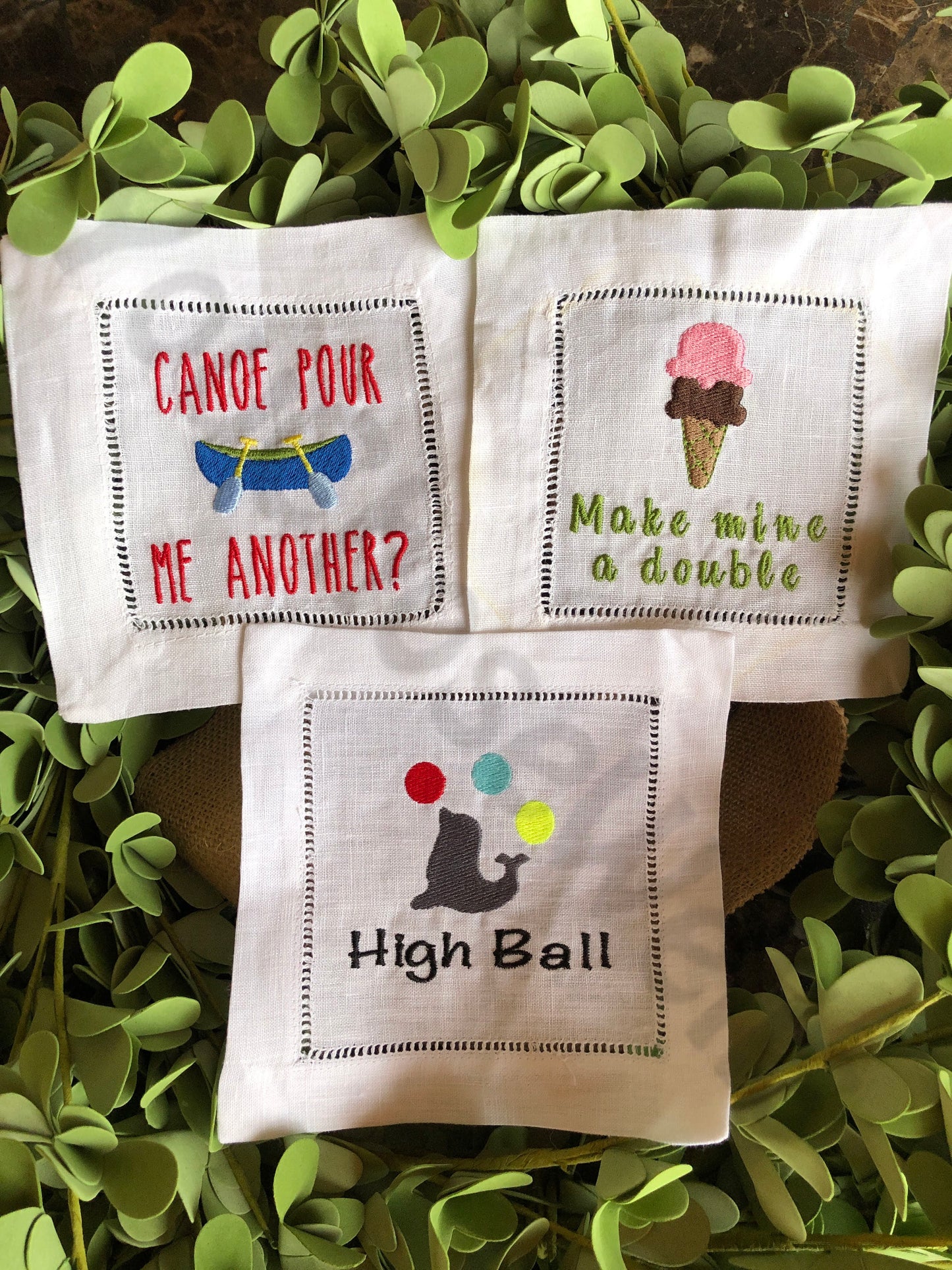 Custom Embroidered, Personalized Whimsical Linen Cocktail Napkins Set of 4