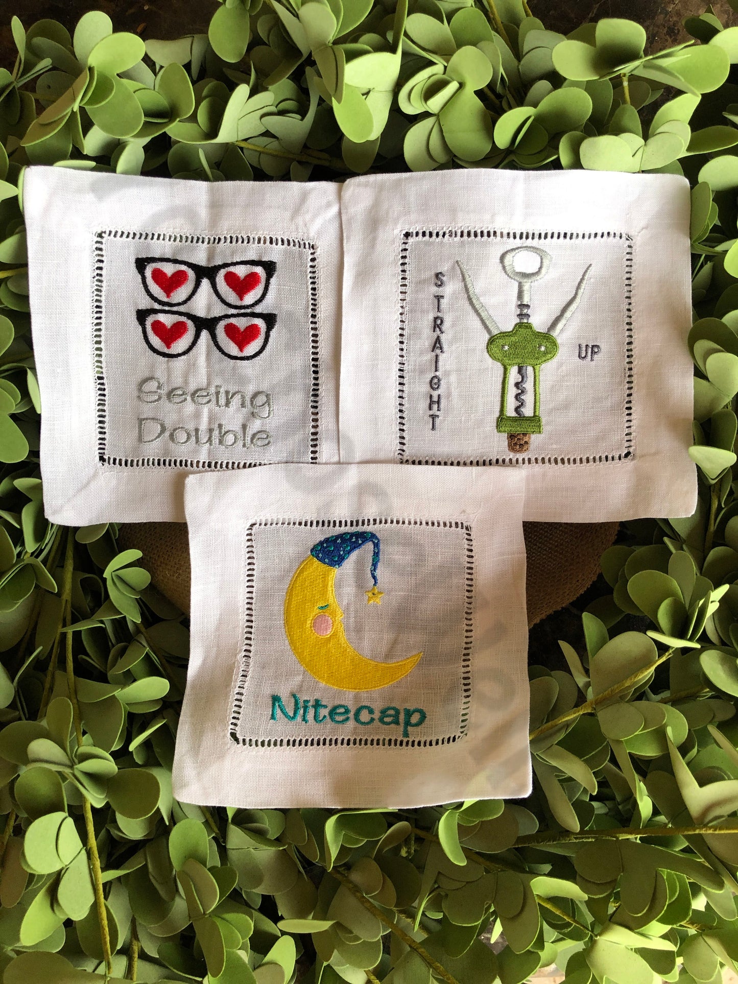 Custom Embroidered, Personalized Whimsical Linen Cocktail Napkins Set of 4