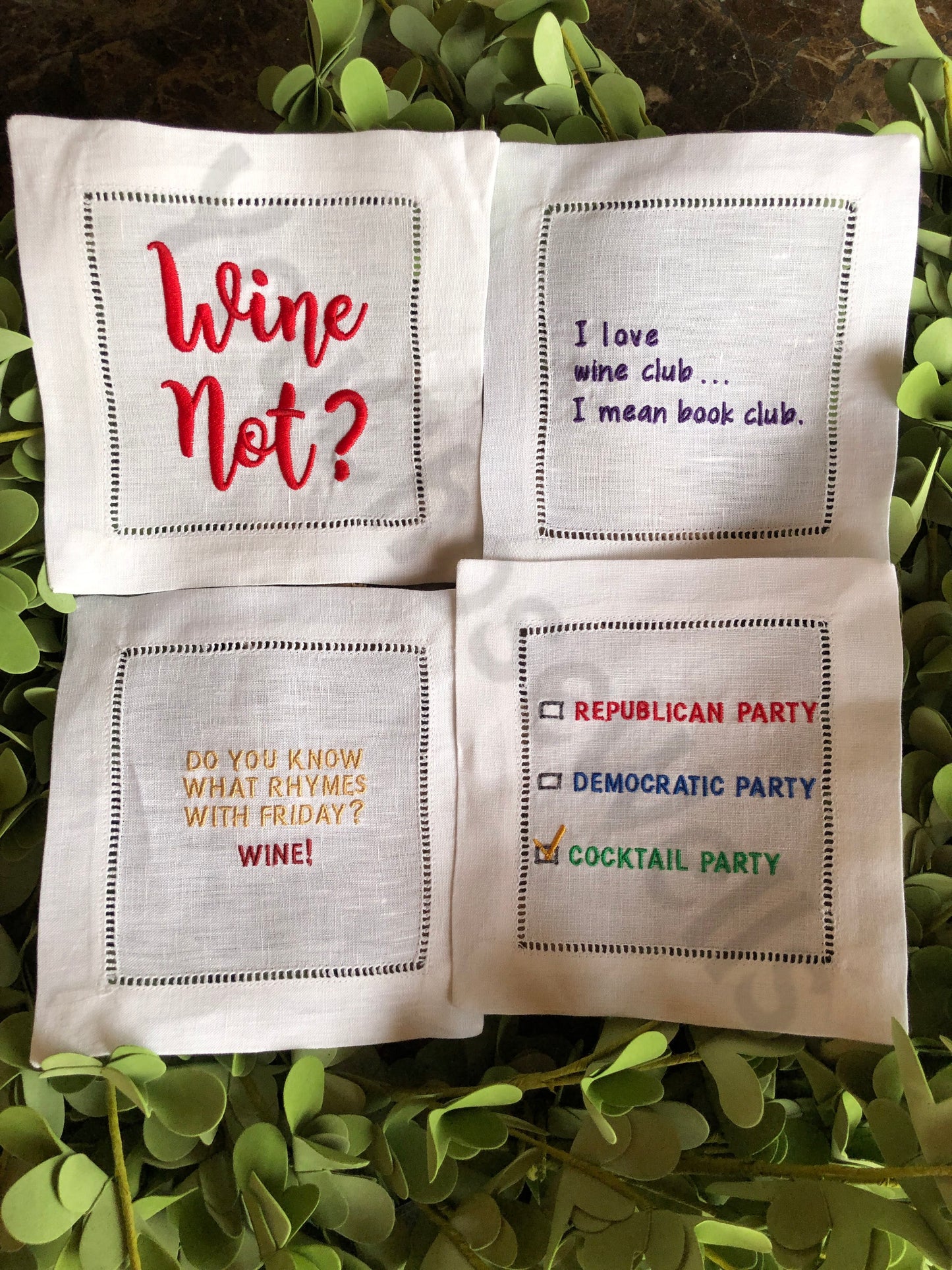 Custom Embroidered, Personalized Whimsical Linen Cocktail Napkins Set of 4