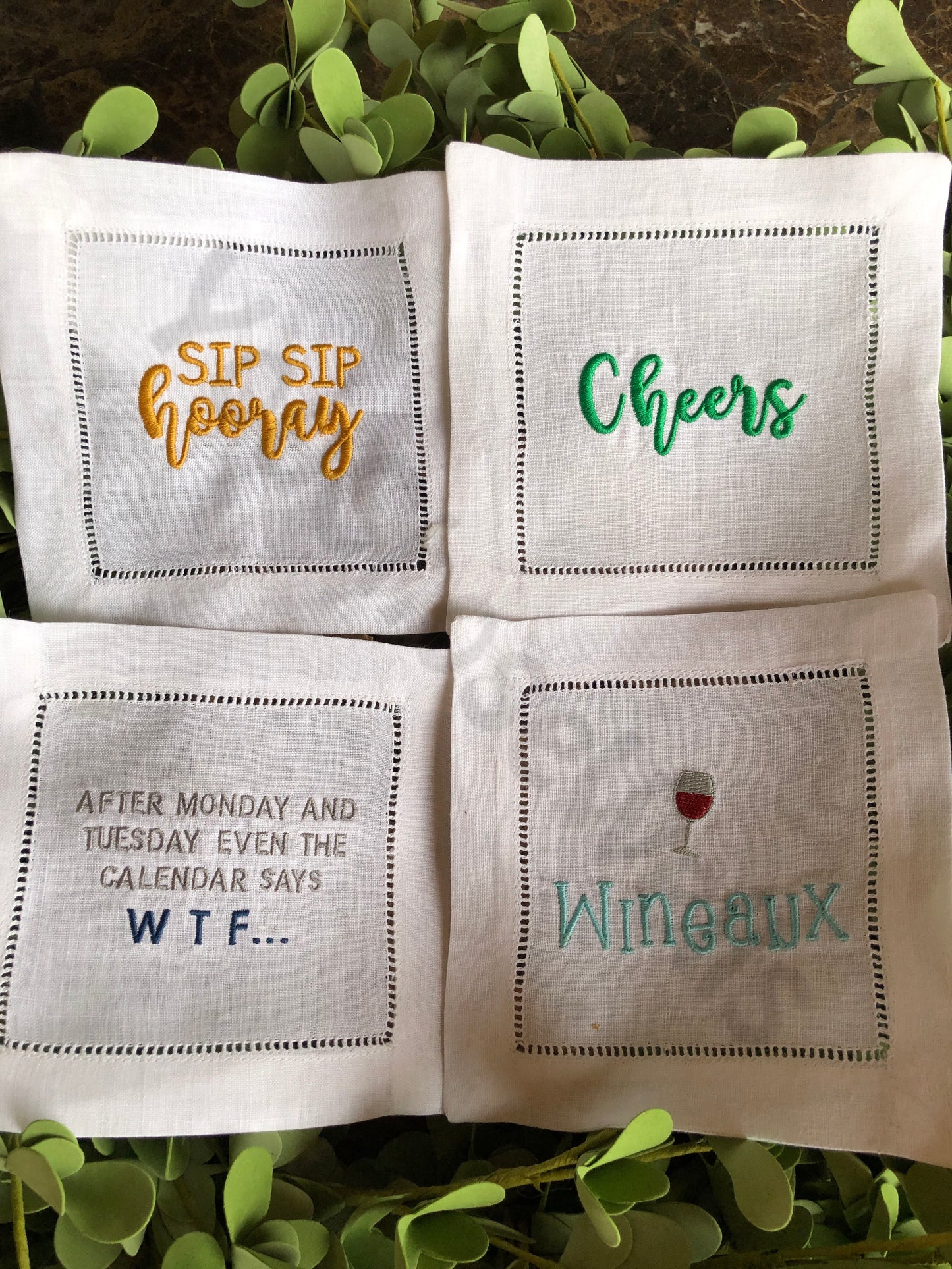 Custom Embroidered, Personalized Whimsical Linen Cocktail Napkins Set of 4