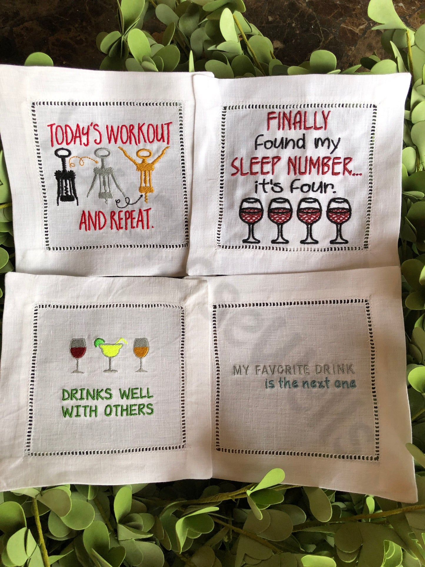 Custom Embroidered, Personalized Whimsical Linen Cocktail Napkins Set of 4