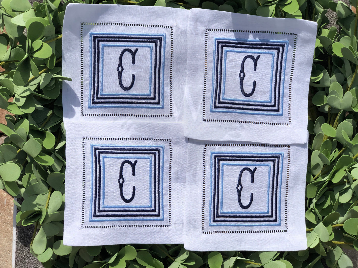 Custom Embroidered, Personalized, Monogrammed Linen Hemstitch Cocktail Napkins Set of 4