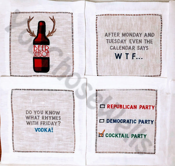 Custom Embroidered, Personalized Whimsical Linen Cocktail Napkins Set of 4