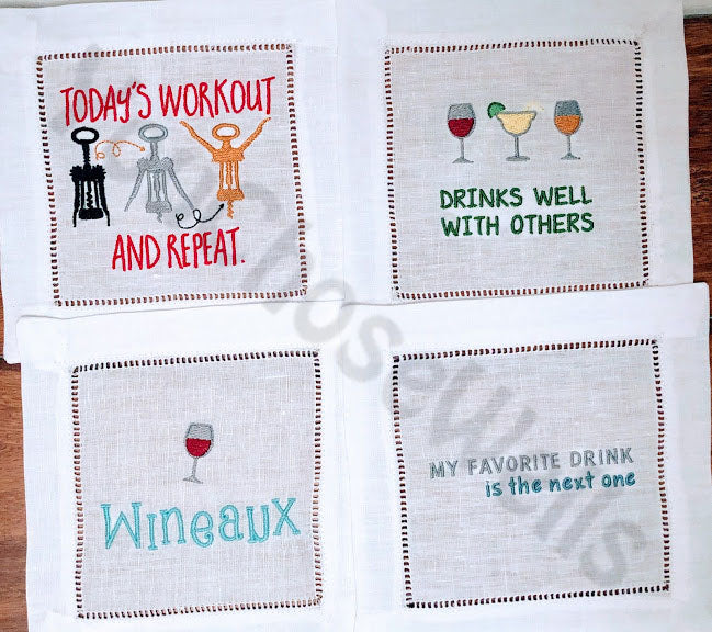 Custom Embroidered, Personalized Whimsical Linen Cocktail Napkins Set of 4