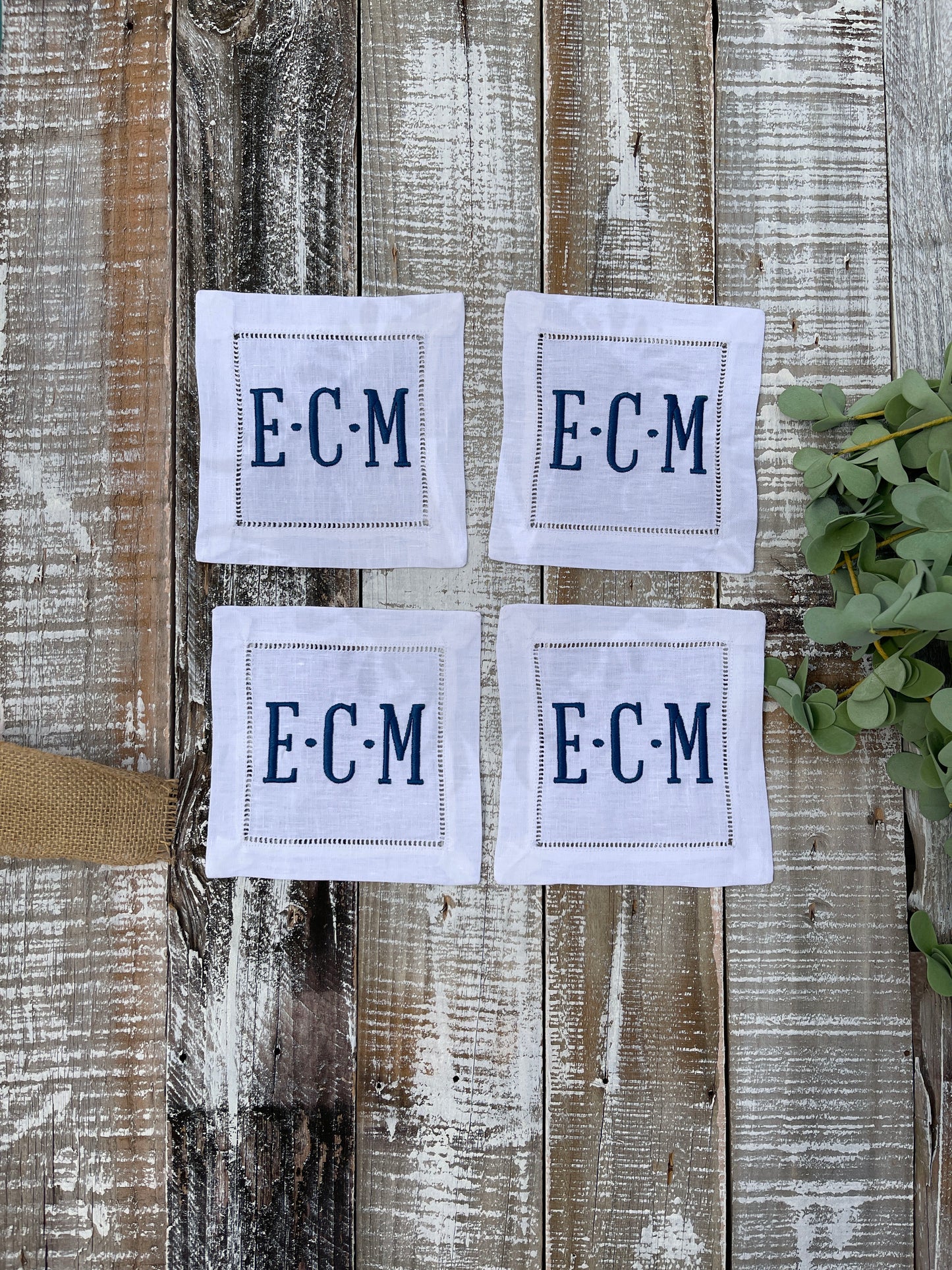 Custom Embroidered, Personalized, Monogrammed Linen Hemstitch Cocktail Napkins Set of 4