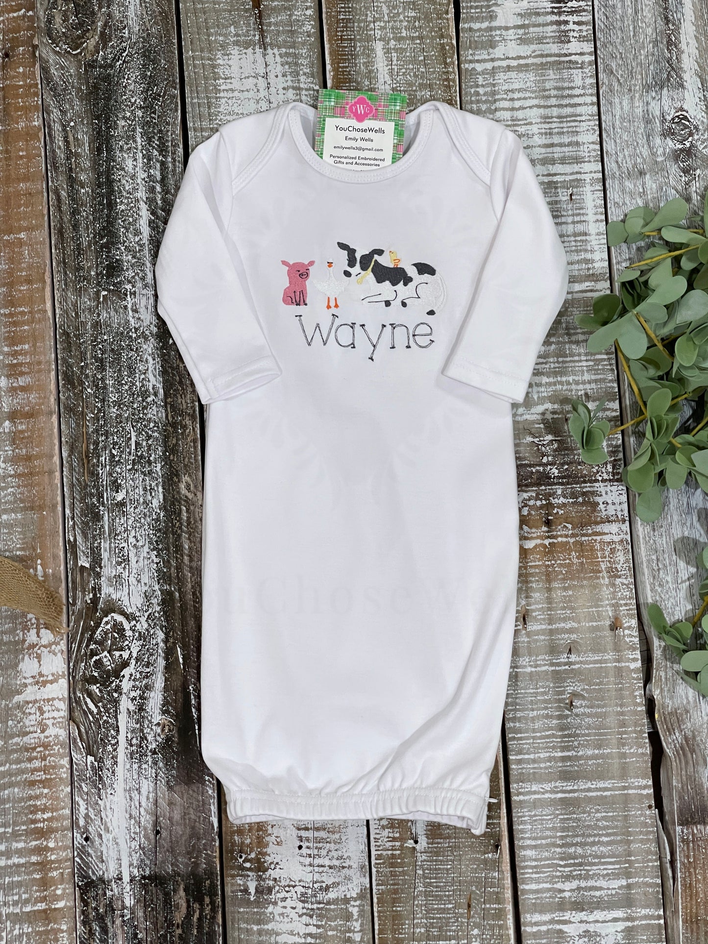 Custom Embroidered, Monogrammed, Personalized Farm Friends Gown, Bib, Hat and/or Blanket Set