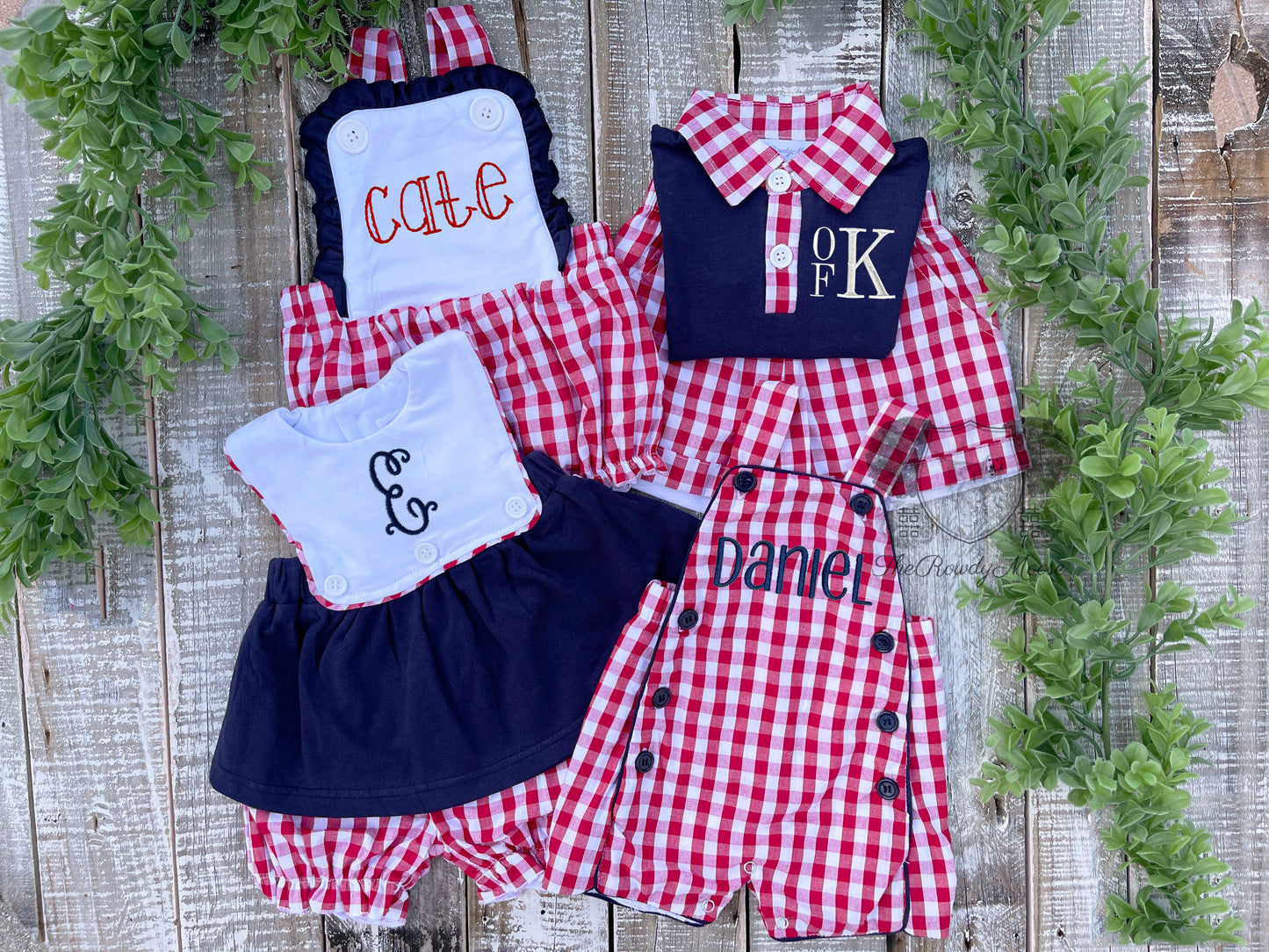 Custom Embroidered, Personalized, Monogrammed Red Gingham Ruffle Bubble, Jon Jon, Flutter Shirt Set, and Polo Shirt Set