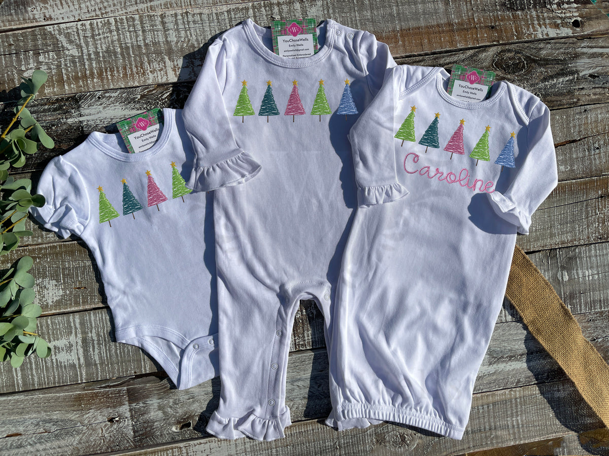 Embroidered Sketch Christmas Trees in a Row Ruffle Gown, Onesie, or Romper