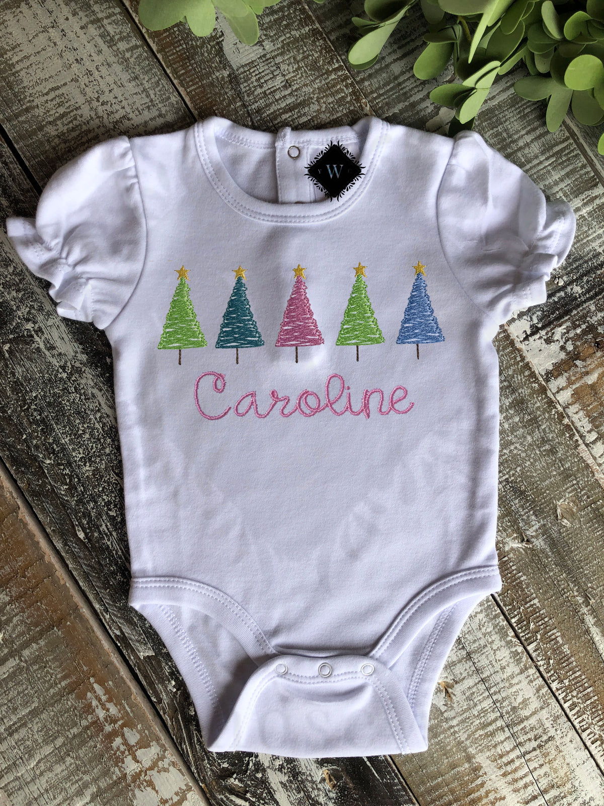 Embroidered Sketch Christmas Trees in a Row Ruffle Gown, Onesie, or Romper