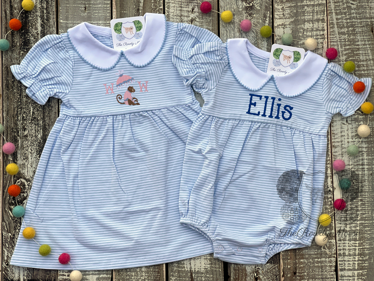 Custom Embroidered, Personalized, Monogrammed Ruffle Knit Striped Peter Pan Collar Bubble or Dress