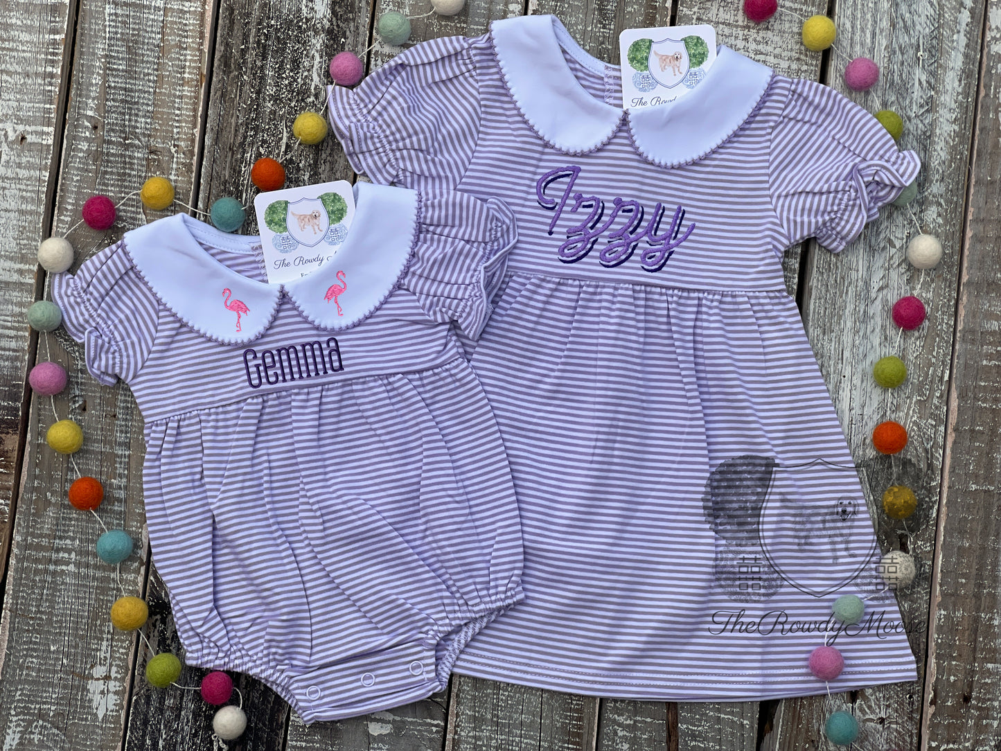 Custom Embroidered, Personalized, Monogrammed Ruffle Knit Striped Peter Pan Collar Bubble or Dress