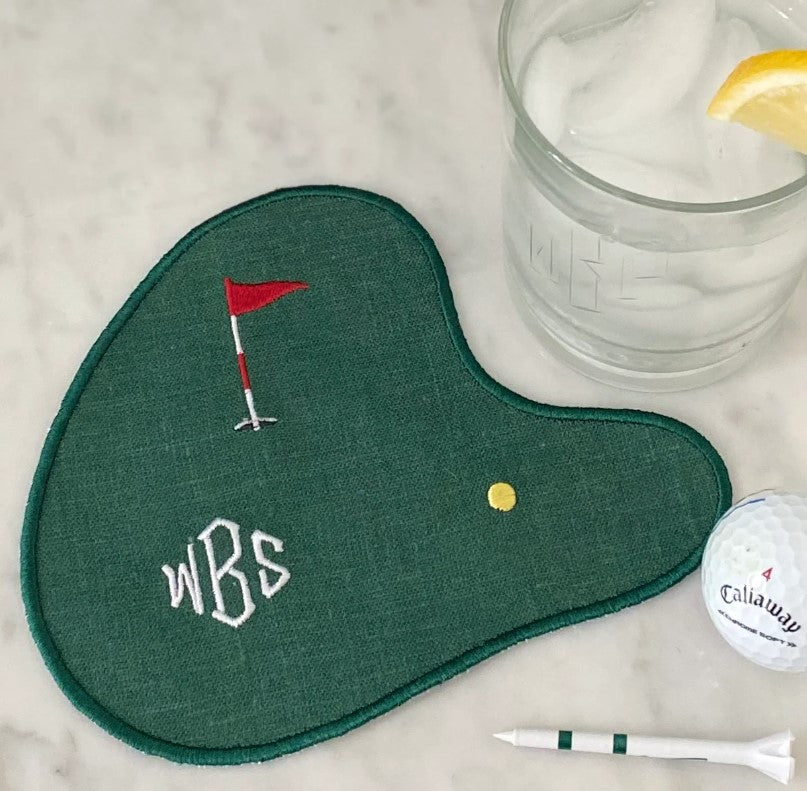 Custom Embroidered, Personalized, Monogrammed Golf Green Coaster and Cocktail Napkin