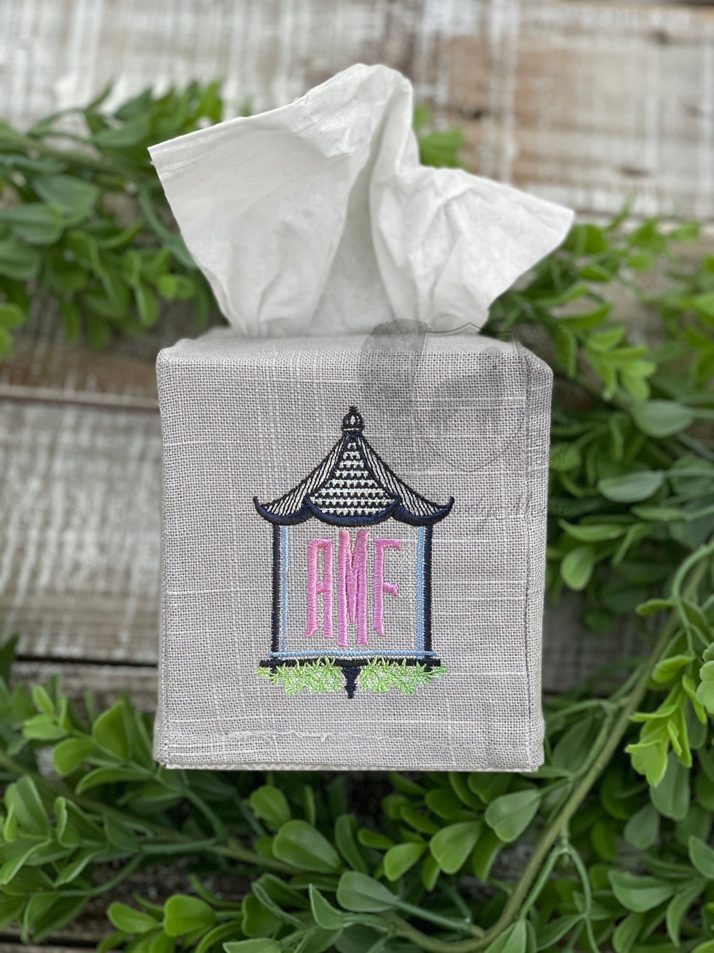 Custom Embroidered, Personalized, Monogrammed Linen Tissue Box Cover