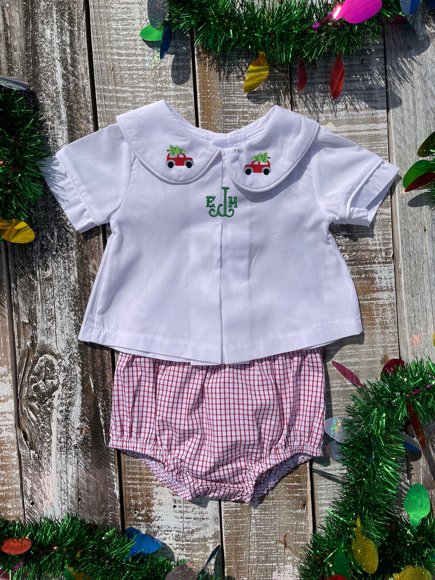 Custom Embroidered, Monogrammed, Personalized Chest, Christmas Mini Pleated Peter Pan Collar Shirt and Diaper Cover Set