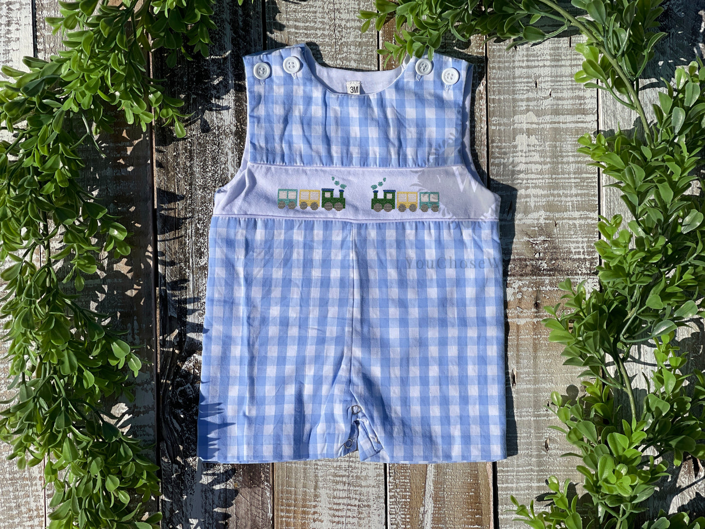 Custom Embroidered, Monogrammed, Personalized Blue Gingham Faux Smocked Jon Jon