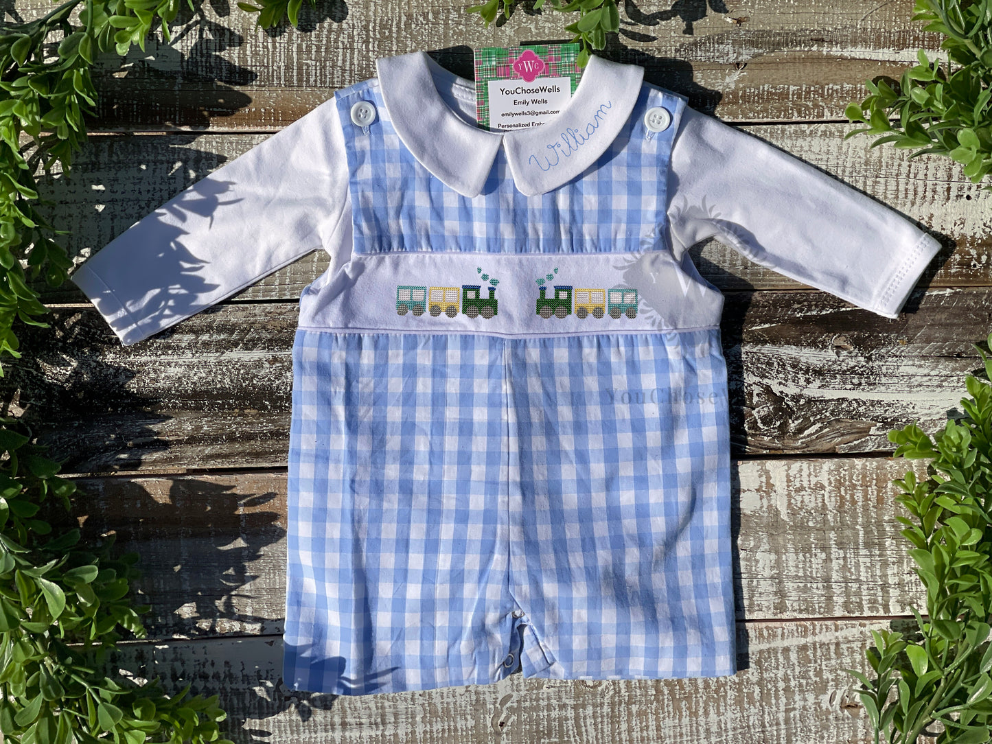 Custom Embroidered, Monogrammed, Personalized Blue Gingham Faux Smocked Jon Jon