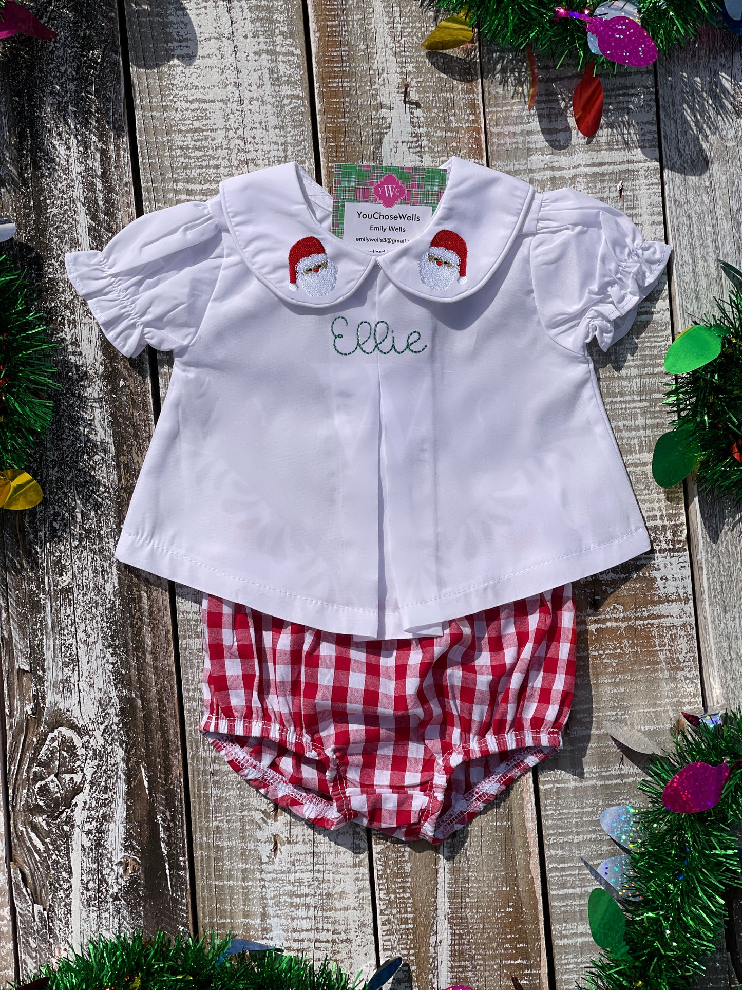 Custom Embroidered, Monogrammed, Personalized Chest, Christmas Mini Pleated Peter Pan Collar Shirt and Diaper Cover Set