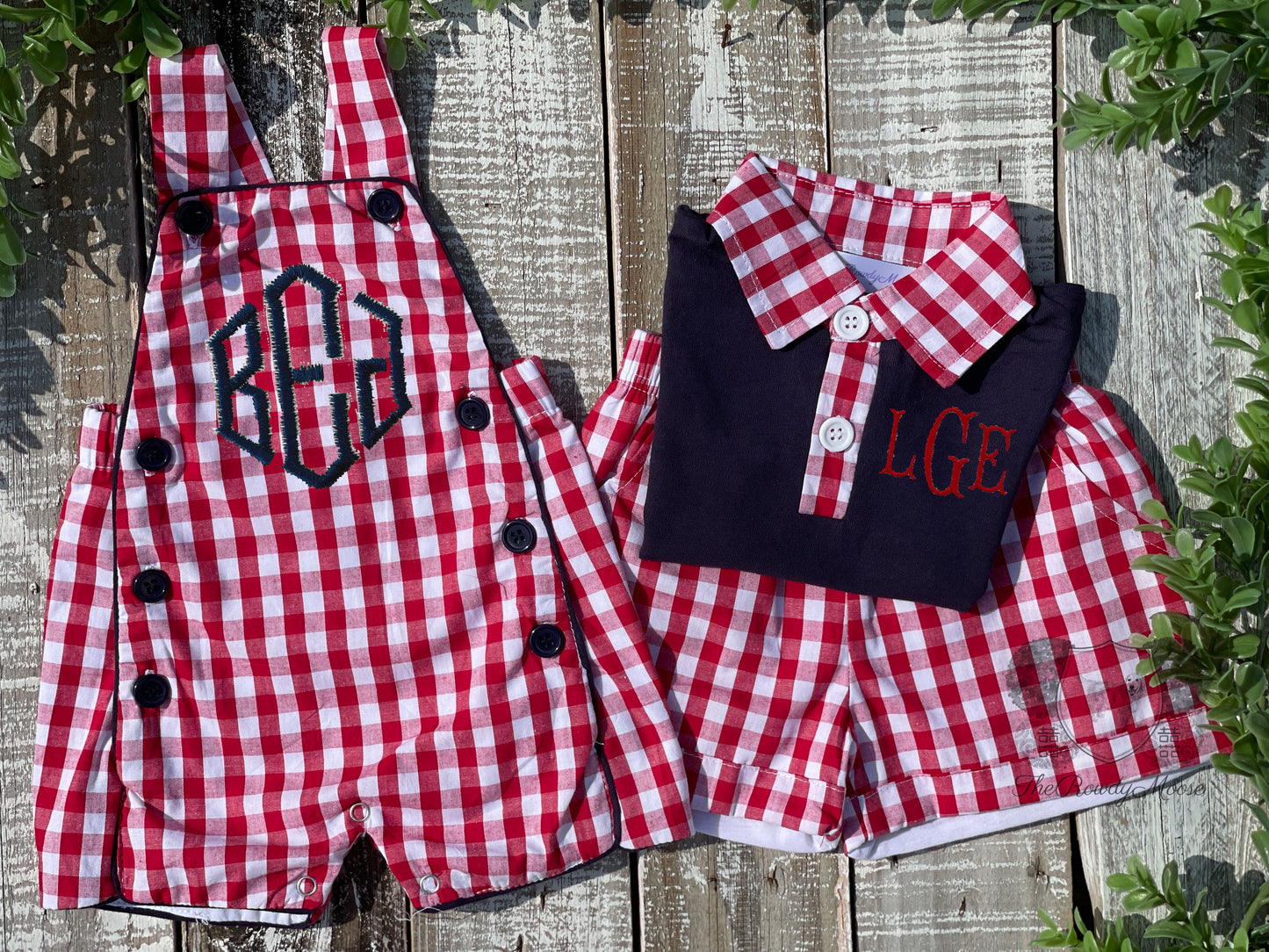 Custom Embroidered, Personalized, Monogrammed Red Gingham Ruffle Bubble, Jon Jon, Flutter Shirt Set, and Polo Shirt Set