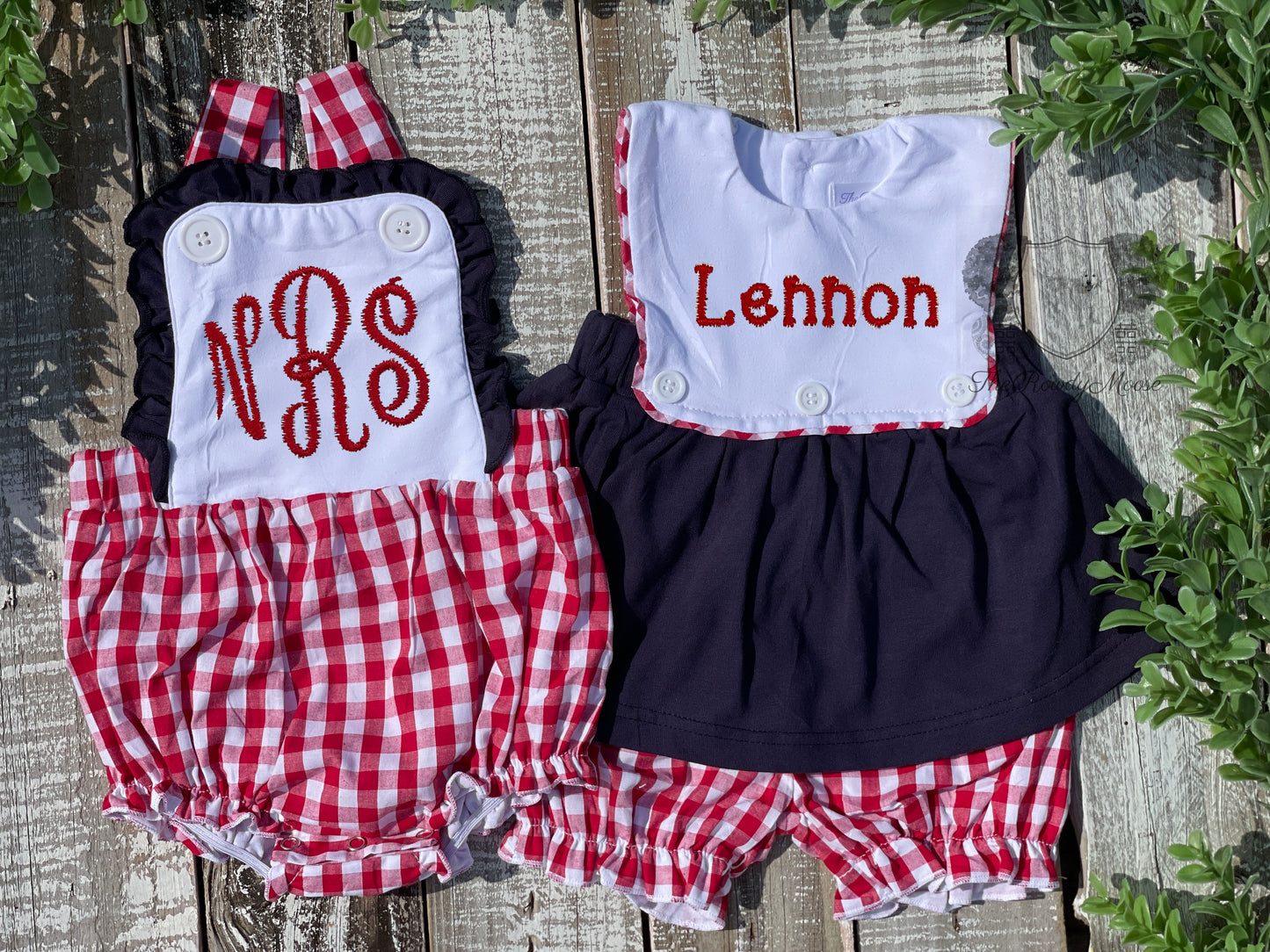 Custom Embroidered, Personalized, Monogrammed Red Gingham Ruffle Bubble, Jon Jon, Flutter Shirt Set, and Polo Shirt Set