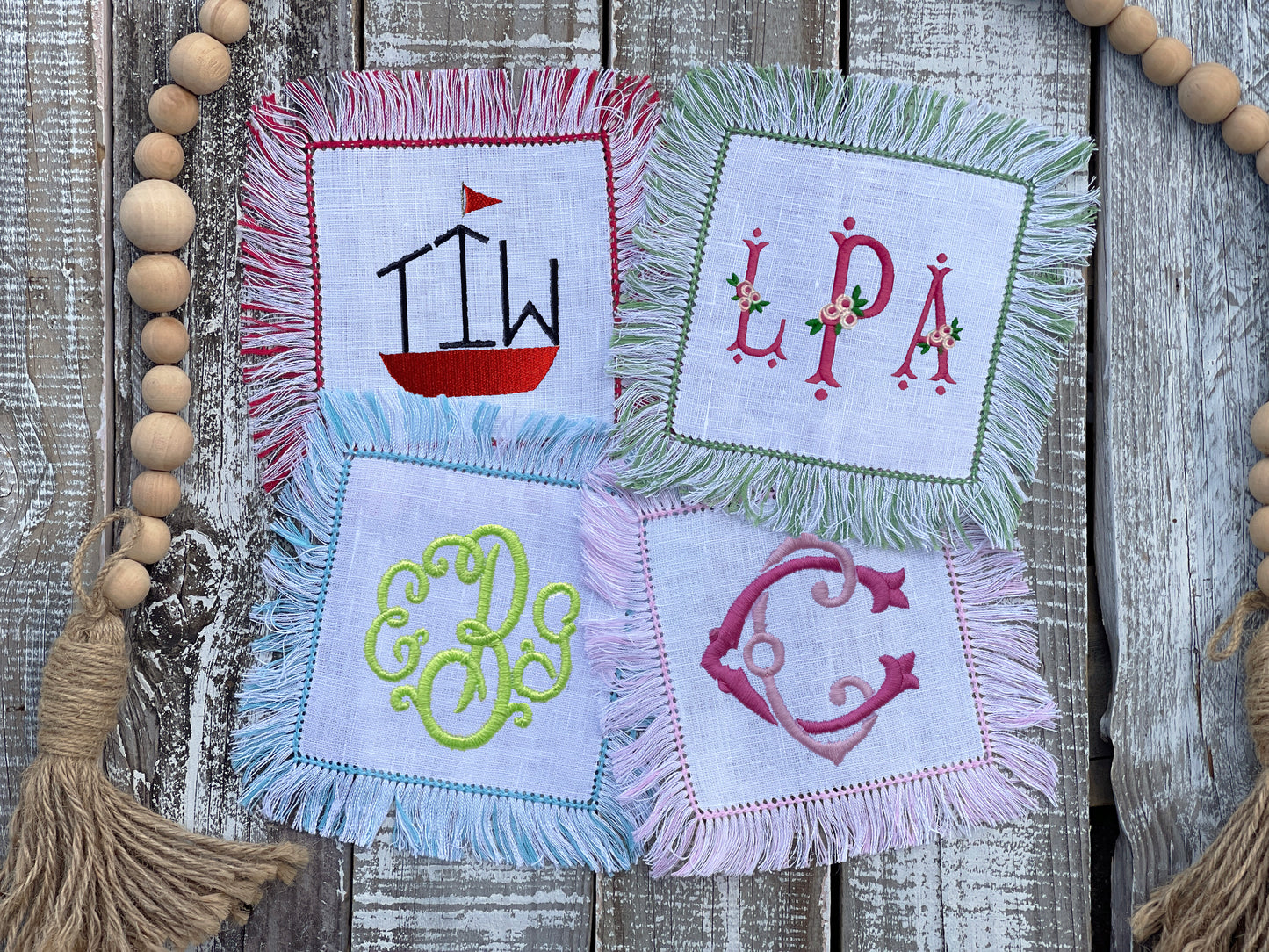 Custom Embroidered, Personalized, Monogrammed Fringe Linen Cocktail Napkin Set of 4