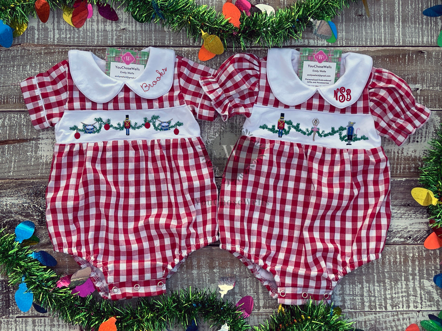 Custom Embroidered Faux Smocked Nutcracker Red Gingham Bubble