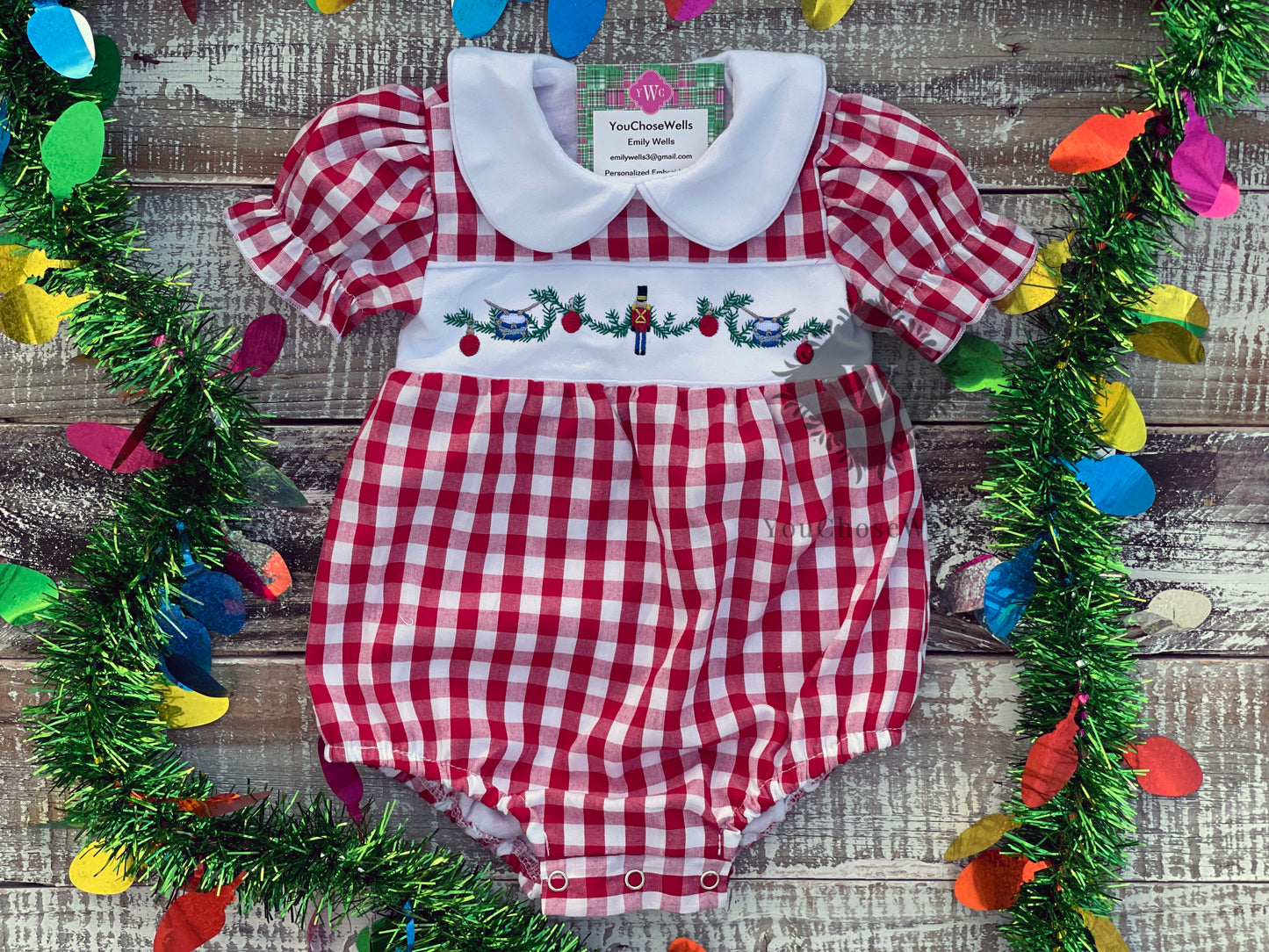 Custom Embroidered Faux Smocked Nutcracker Red Gingham Bubble