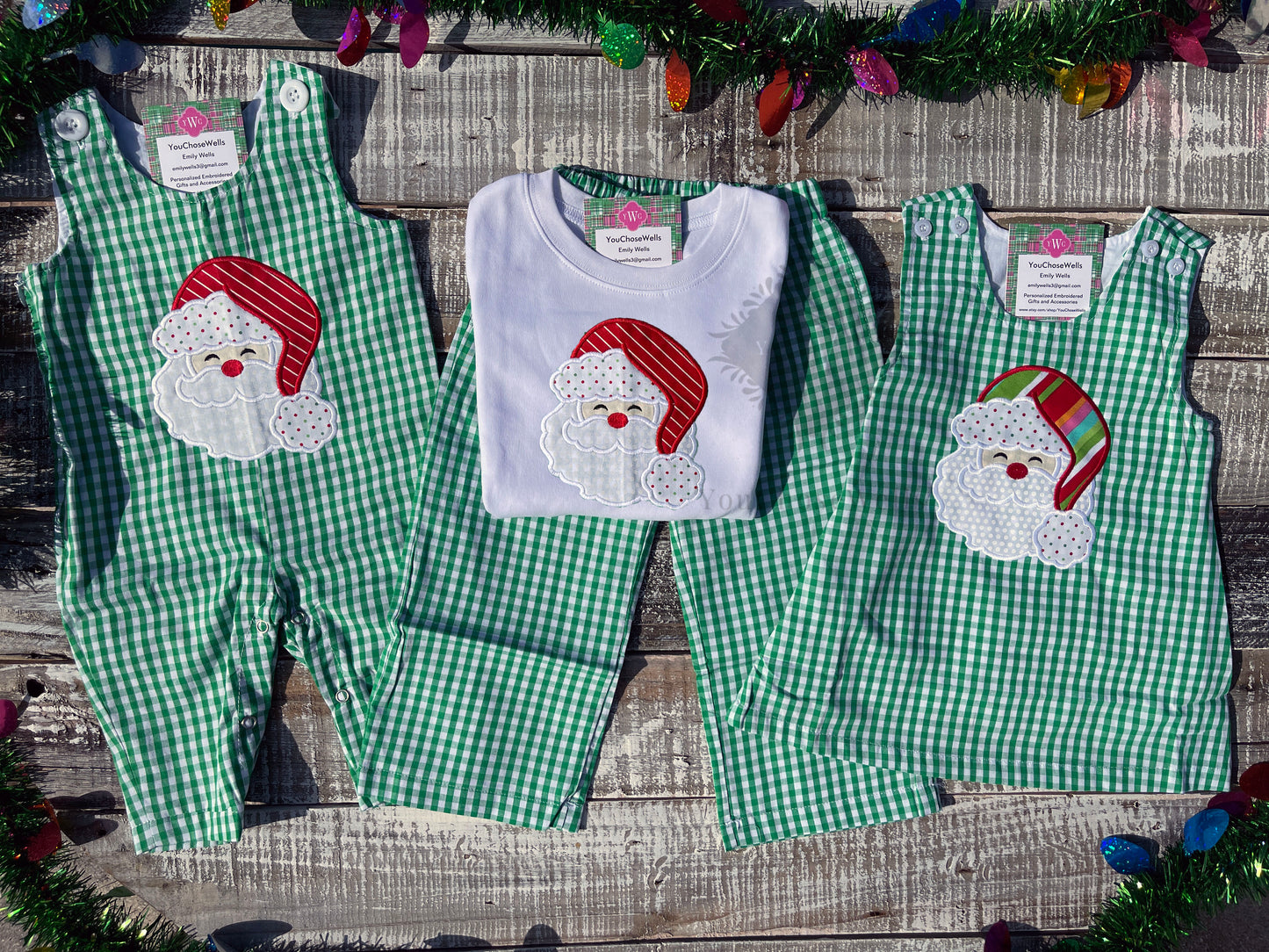 Custom Embroidered, Santa Applique Green Gingham Jumper Dress, Longall, Shirt, Shirt & Pant Set