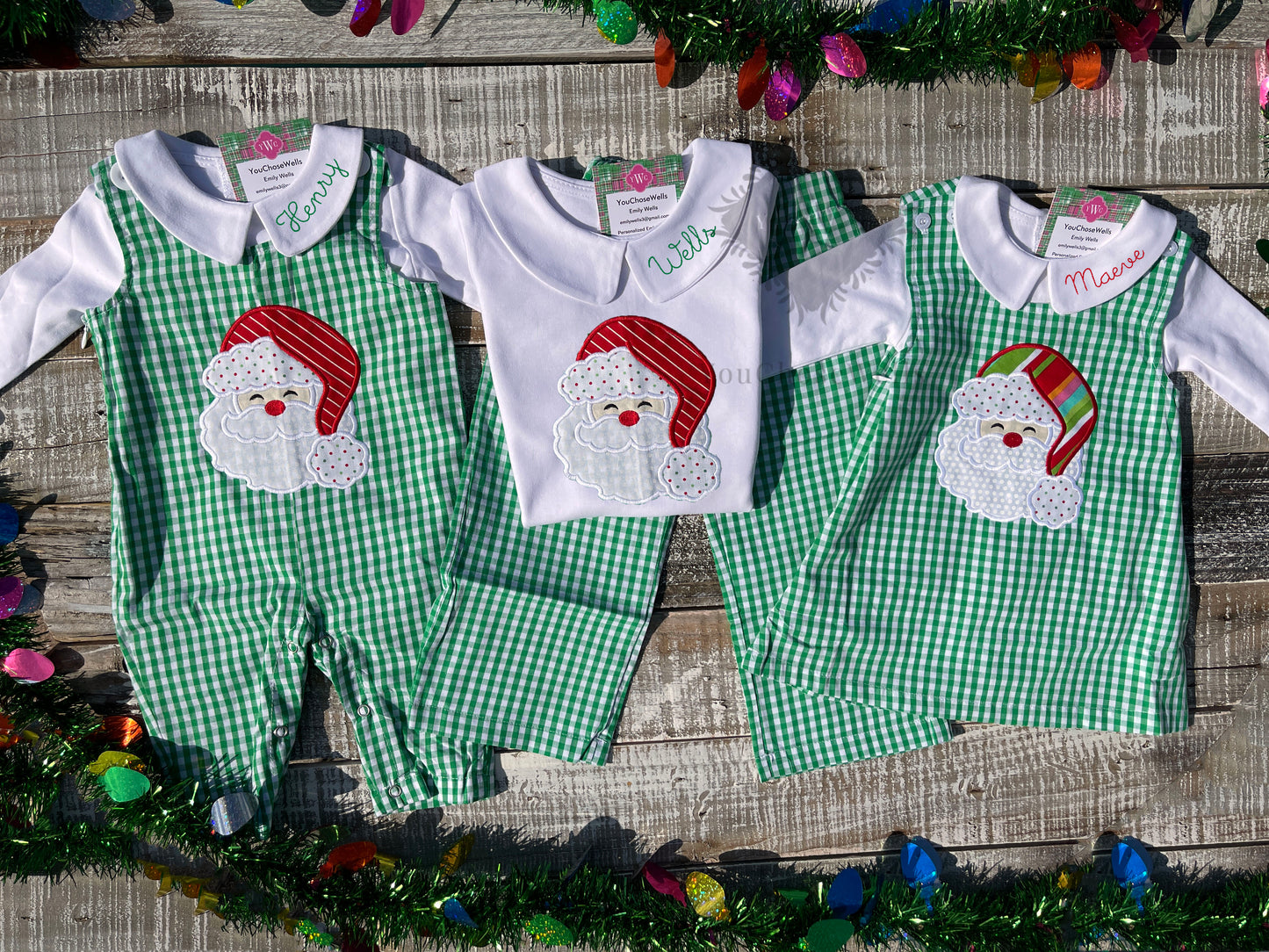 Custom Embroidered, Santa Applique Green Gingham Jumper Dress, Longall, Shirt, Shirt & Pant Set