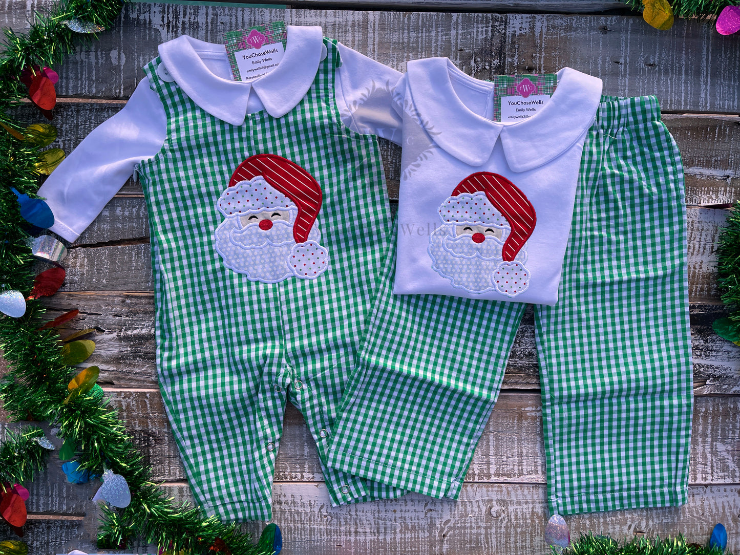 Custom Embroidered, Santa Applique Green Gingham Jumper Dress, Longall, Shirt, Shirt & Pant Set