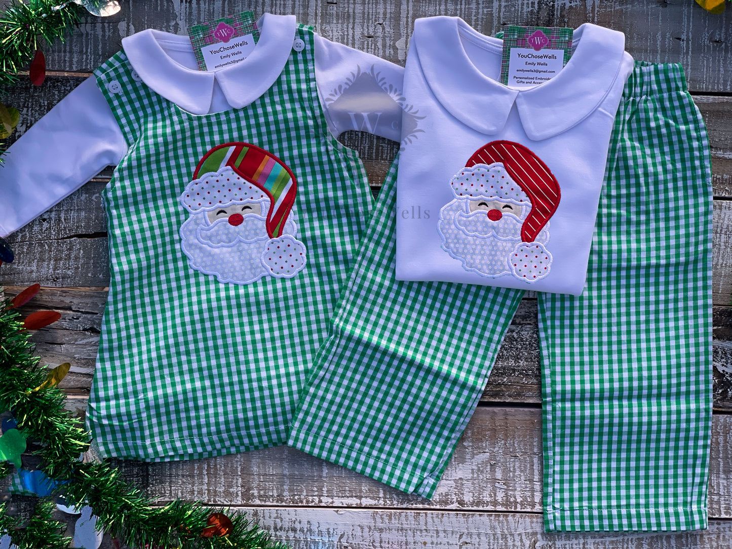 Custom Embroidered, Santa Applique Green Gingham Jumper Dress, Longall, Shirt, Shirt & Pant Set