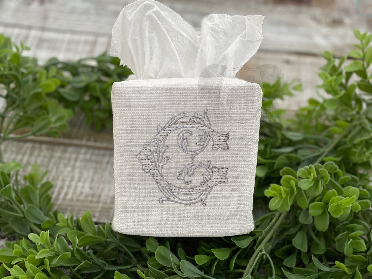 Custom Embroidered, Personalized, Monogrammed Linen Tissue Box Cover