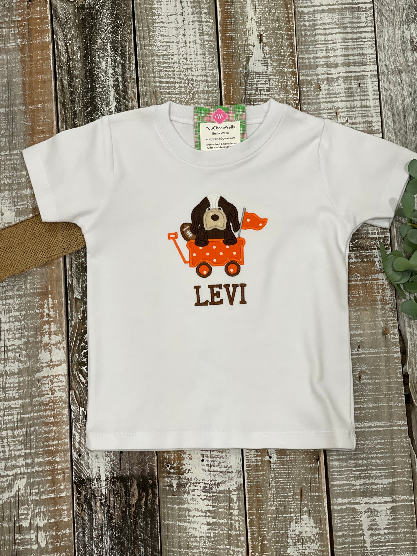 Custom Embroidered, Monogrammed, Personalized Game Day Hound with Football Applique Shirt and Orange Gingham Short Set