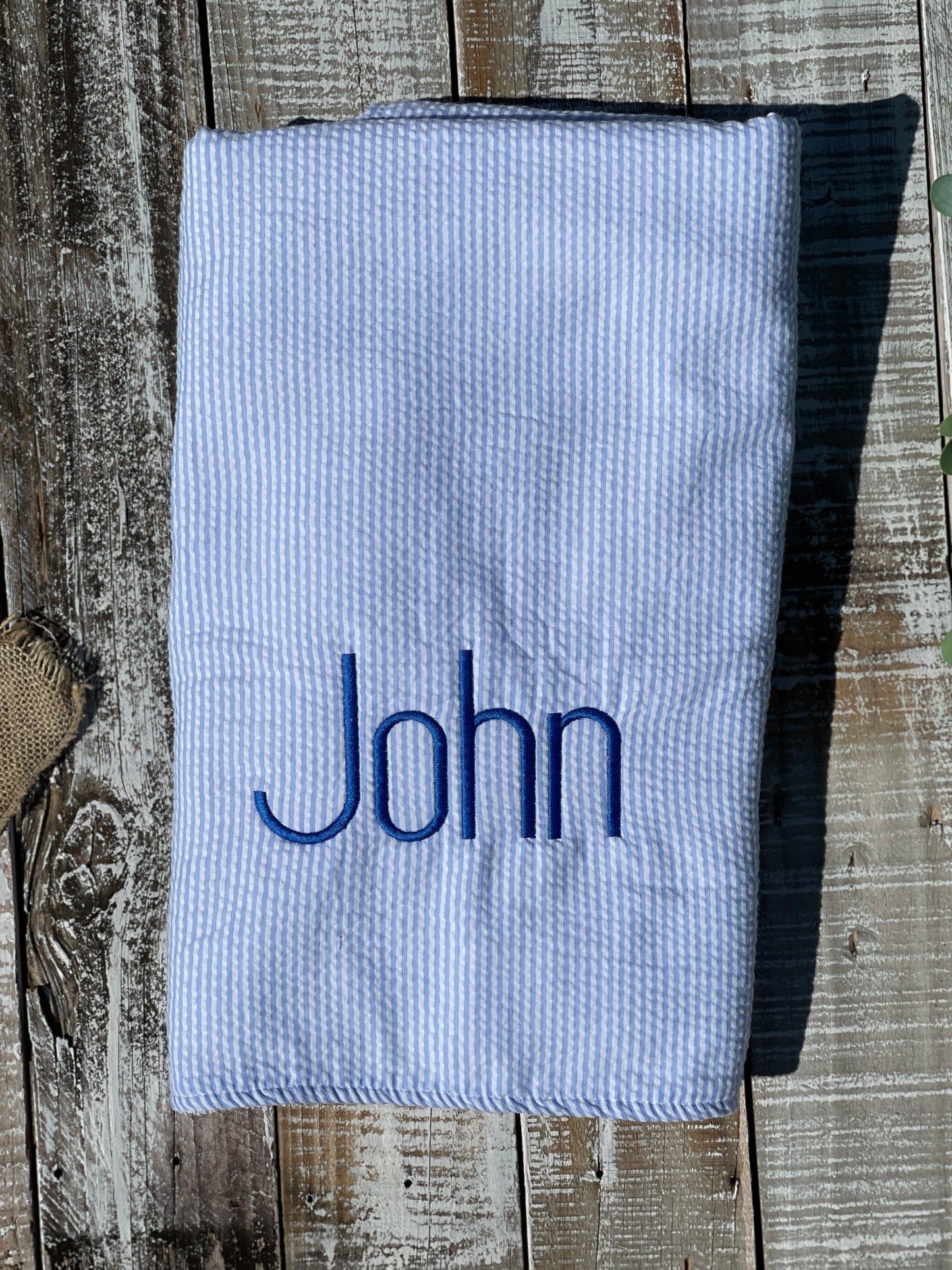 Custom Embroidered, Personalized, Monogrammed Seersucker Towel and Seersucker Puddle Jumper