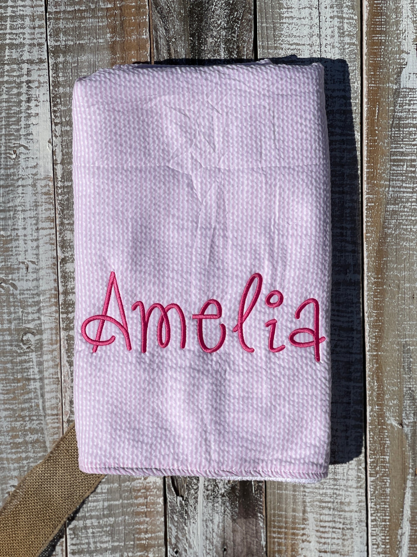 Custom Embroidered, Personalized, Monogrammed Seersucker Towel and Seersucker Puddle Jumper