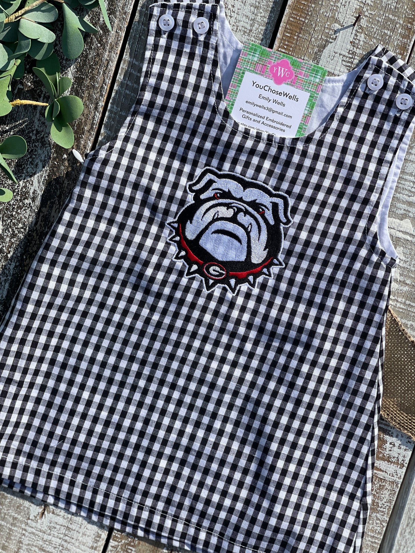 Custom Embroidered, Personalized Game Day G or Bulldog Red Gingham Bubble, Jon Jon, Jumper Dress, and Polo Shirt and Short Set