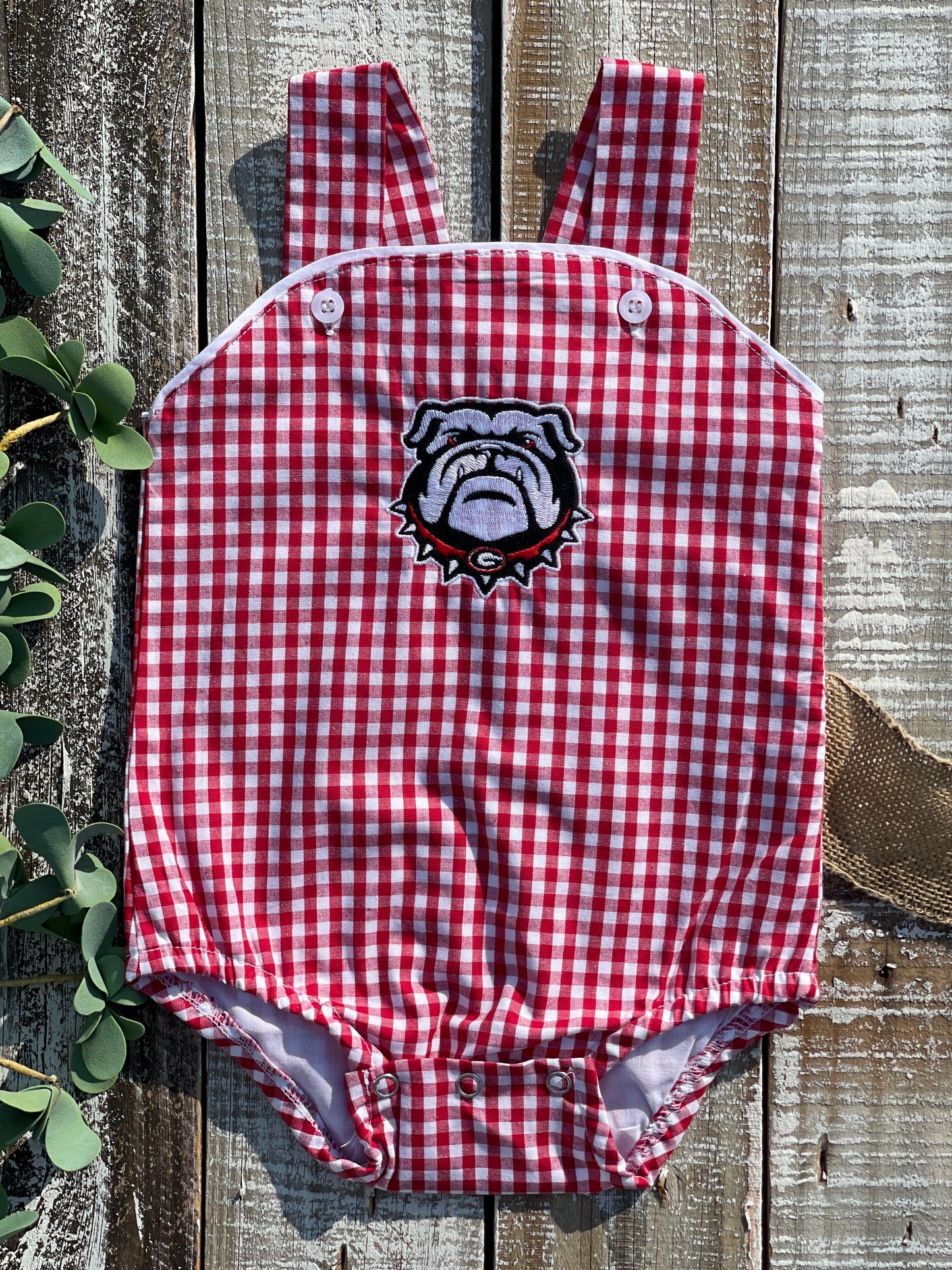 Custom Embroidered, Personalized Game Day G or Bulldog Red Gingham Bubble, Jon Jon, Jumper Dress, and Polo Shirt and Short Set