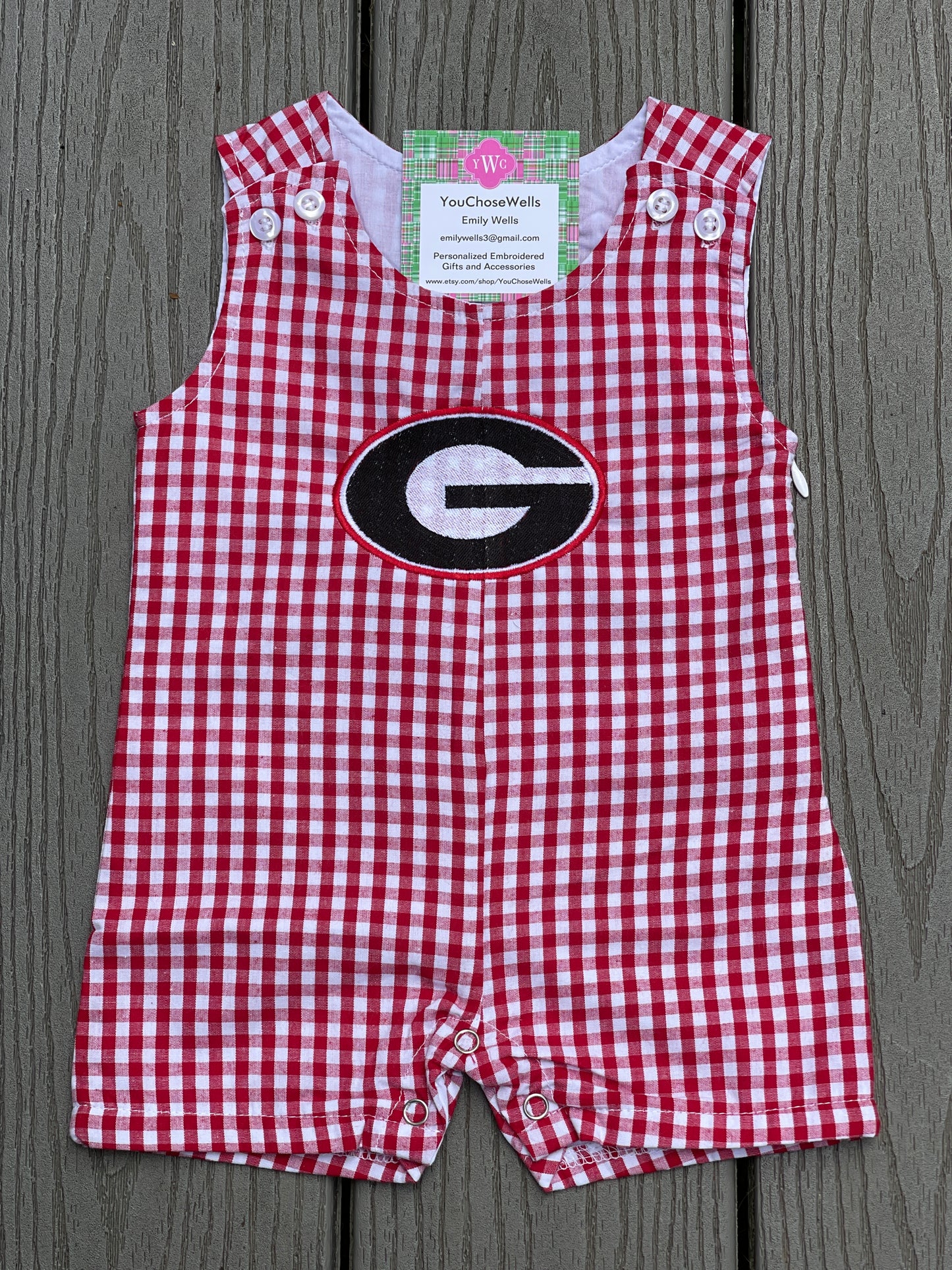 Custom Embroidered, Personalized Game Day G or Bulldog Red Gingham Bubble, Jon Jon, Jumper Dress, and Polo Shirt and Short Set