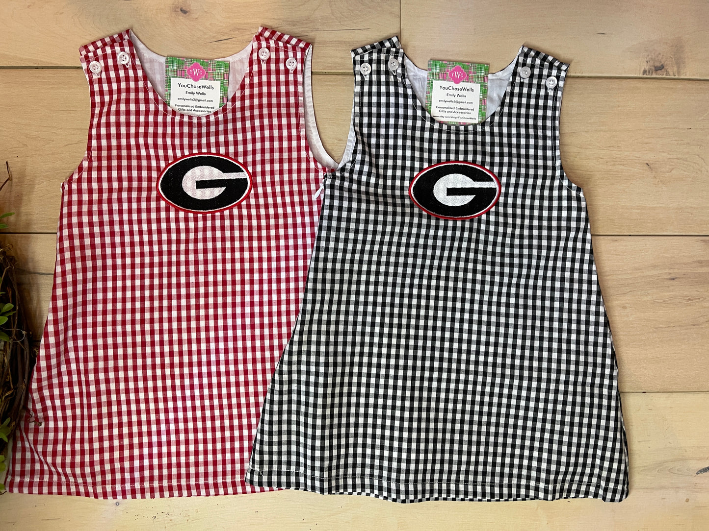 Custom Embroidered, Personalized Game Day G or Bulldog Red Gingham Bubble, Jon Jon, Jumper Dress, and Polo Shirt and Short Set