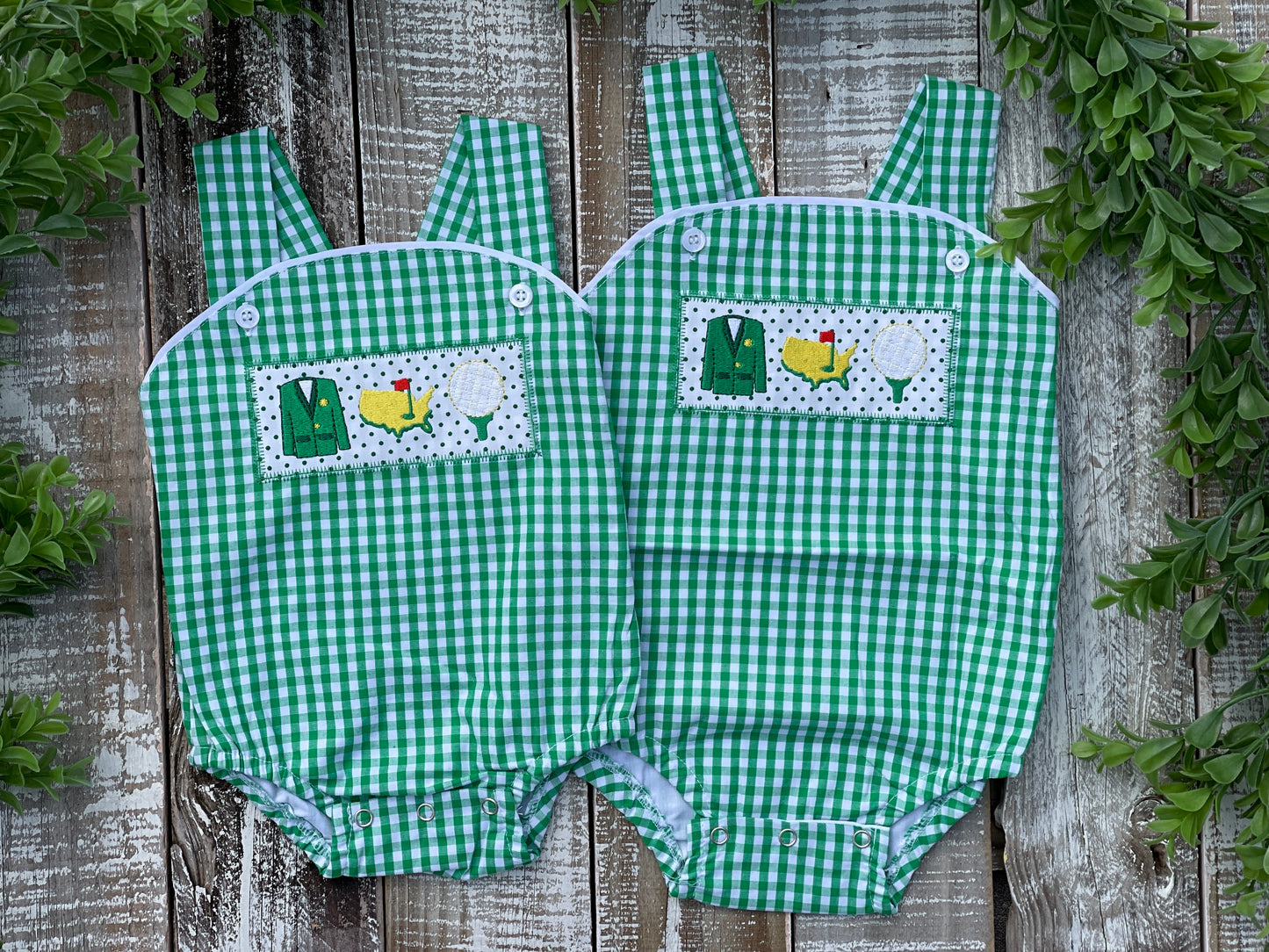 Custom Embroidered, Golf Trio Applique Green Gingham Jumper Dress, Longall, Shirt, Shirt & Pant Set