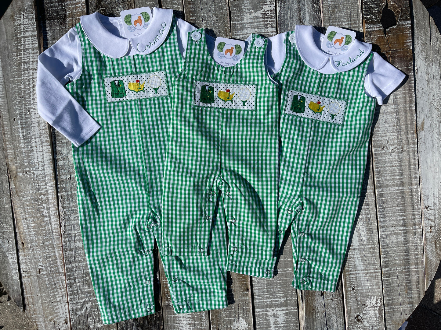 Custom Embroidered, Golf Trio Applique Green Gingham Jumper Dress, Longall, Shirt, Shirt & Pant Set