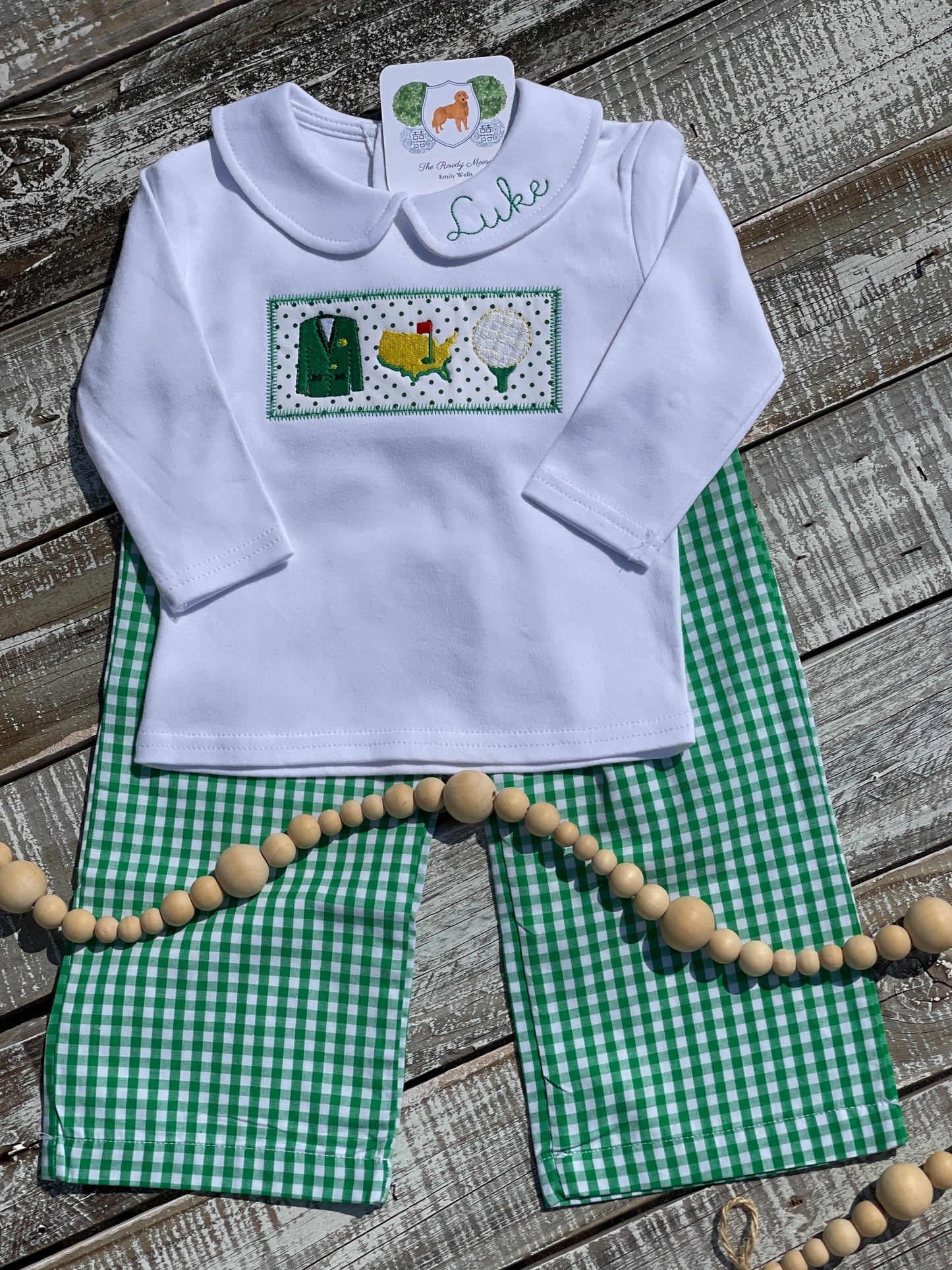 Custom Embroidered, Golf Trio Applique Green Gingham Jumper Dress, Longall, Shirt, Shirt & Pant Set