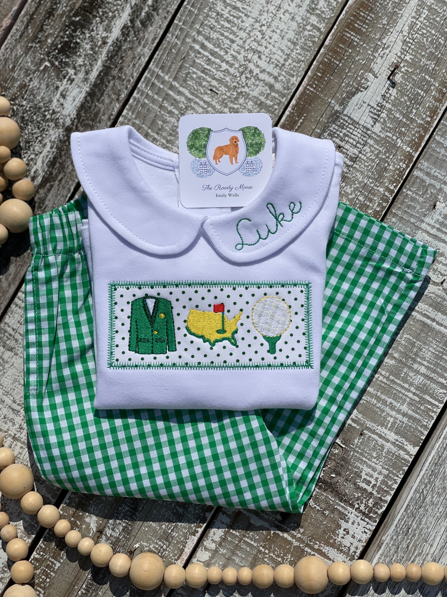 Custom Embroidered, Golf Trio Applique Green Gingham Jumper Dress, Longall, Shirt, Shirt & Pant Set