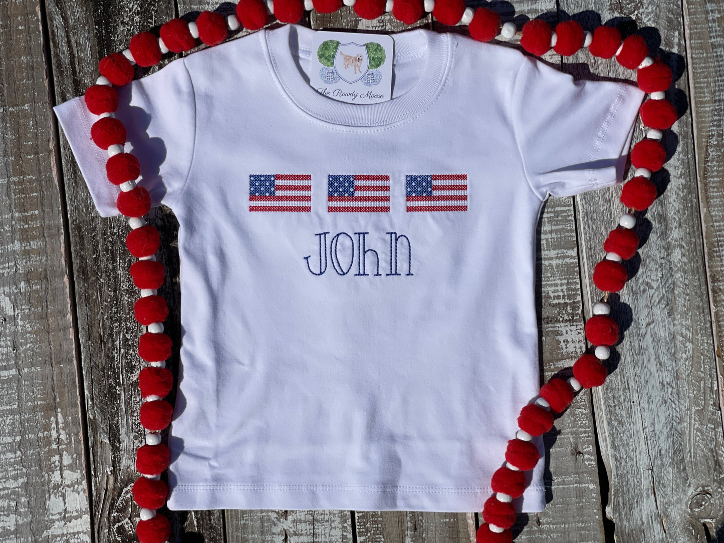 Custom, Embroidered, Monogrammed, Personalized American Flag Cross Stitch Trio Light Blue Seersucker Bubble, Jon Jon, Flutter Dress, Shirt and Short Set