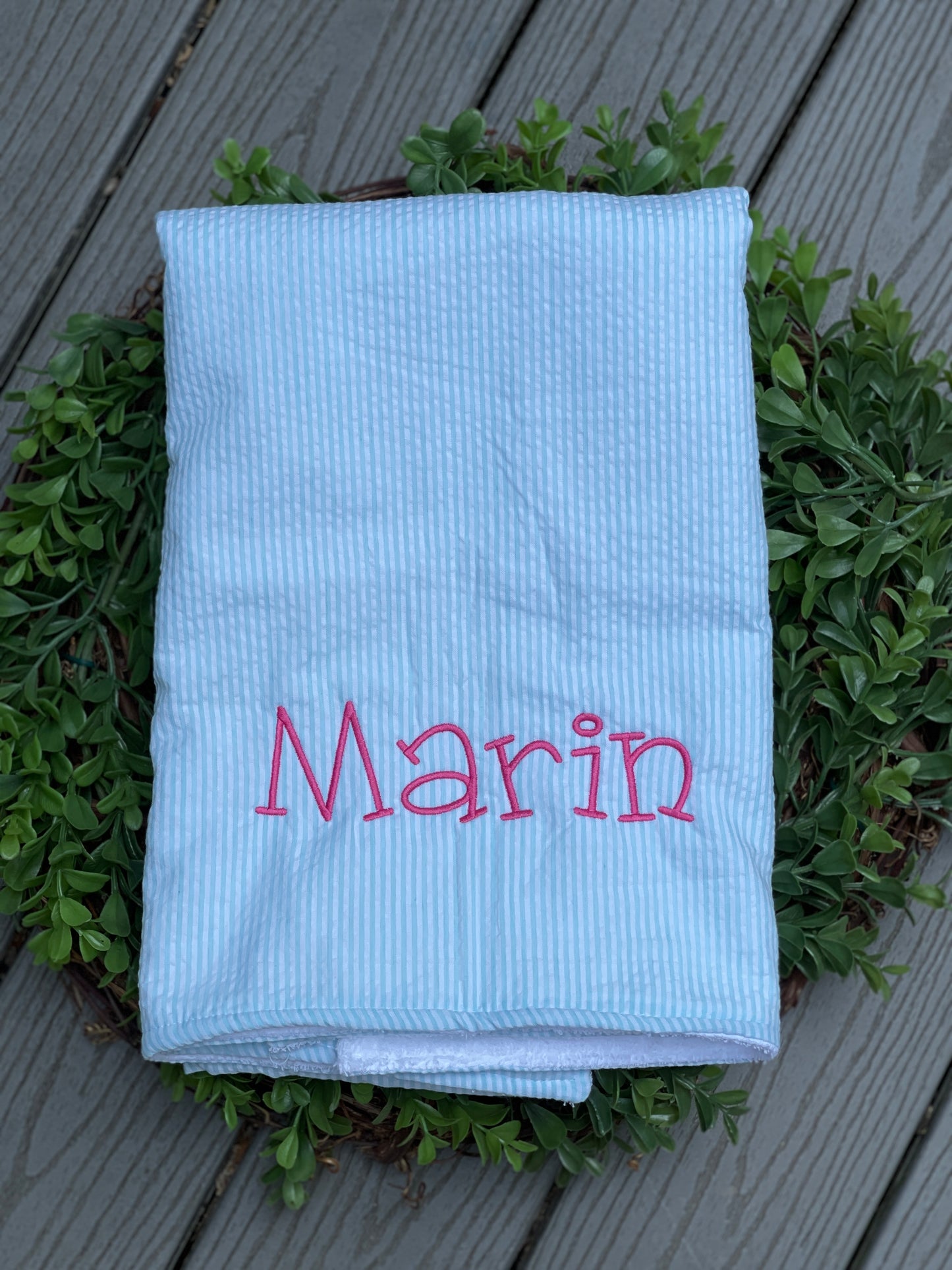 Custom Embroidered, Personalized, Monogrammed Seersucker Towel and Seersucker Puddle Jumper