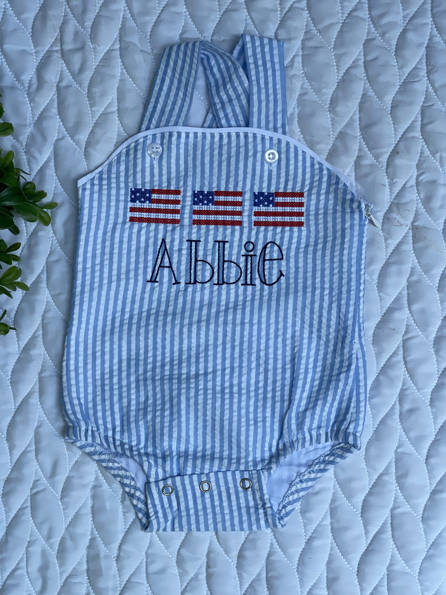 Custom, Embroidered, Monogrammed, Personalized American Flag Cross Stitch Trio Light Blue Seersucker Bubble, Jon Jon, Flutter Dress, Shirt and Short Set