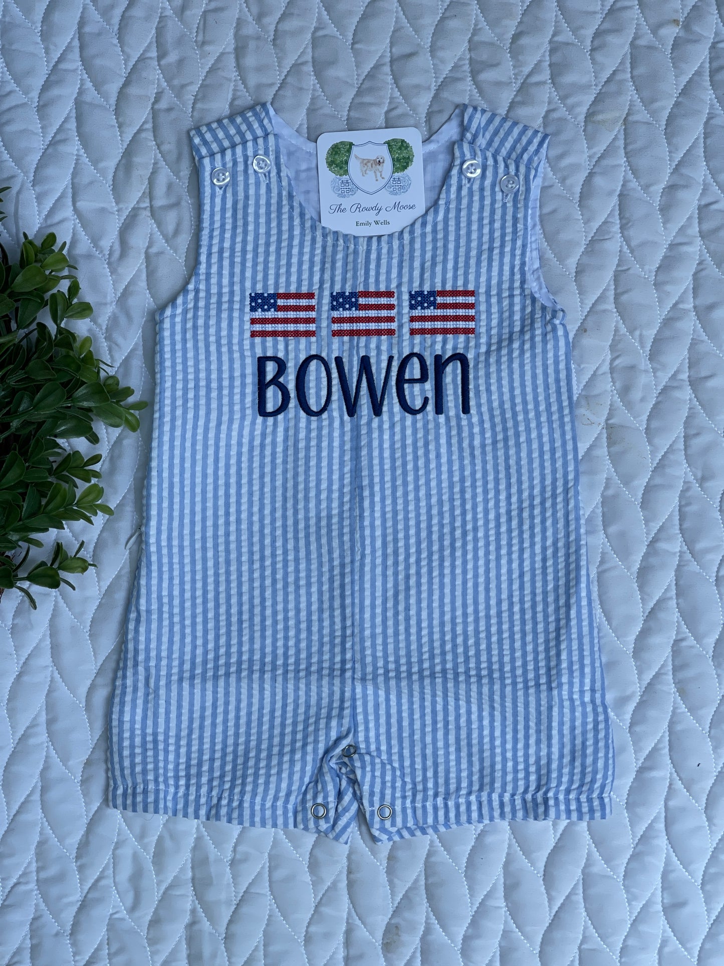 Custom, Embroidered, Monogrammed, Personalized American Flag Cross Stitch Trio Light Blue Seersucker Bubble, Jon Jon, Flutter Dress, Shirt and Short Set