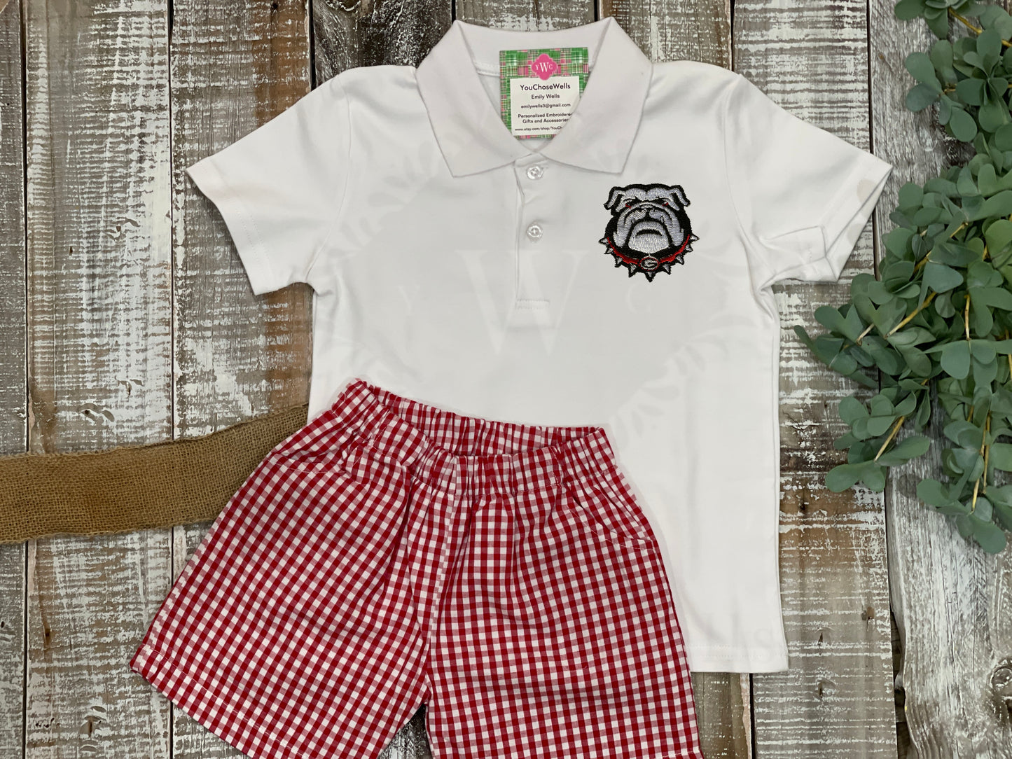 Custom Embroidered, Personalized Game Day G or Bulldog Red Gingham Bubble, Jon Jon, Jumper Dress, and Polo Shirt and Short Set