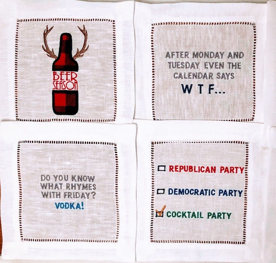 Custom Embroidered, Personalized Whimsical Linen Cocktail Napkins Set of 4